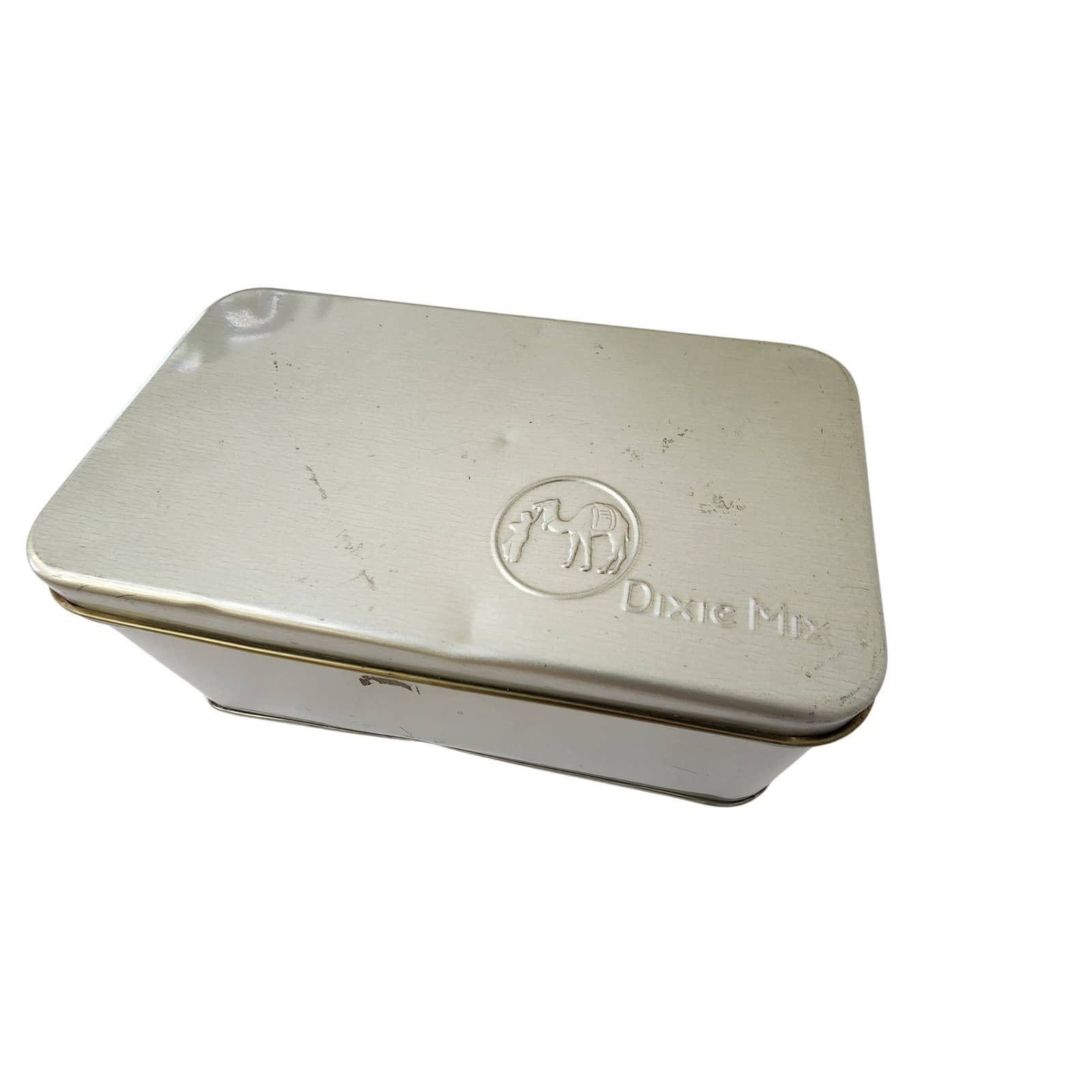 Vintage 1940's Dixie Mix Tin Embossed Camel Logo Silver Metal Storage Box
