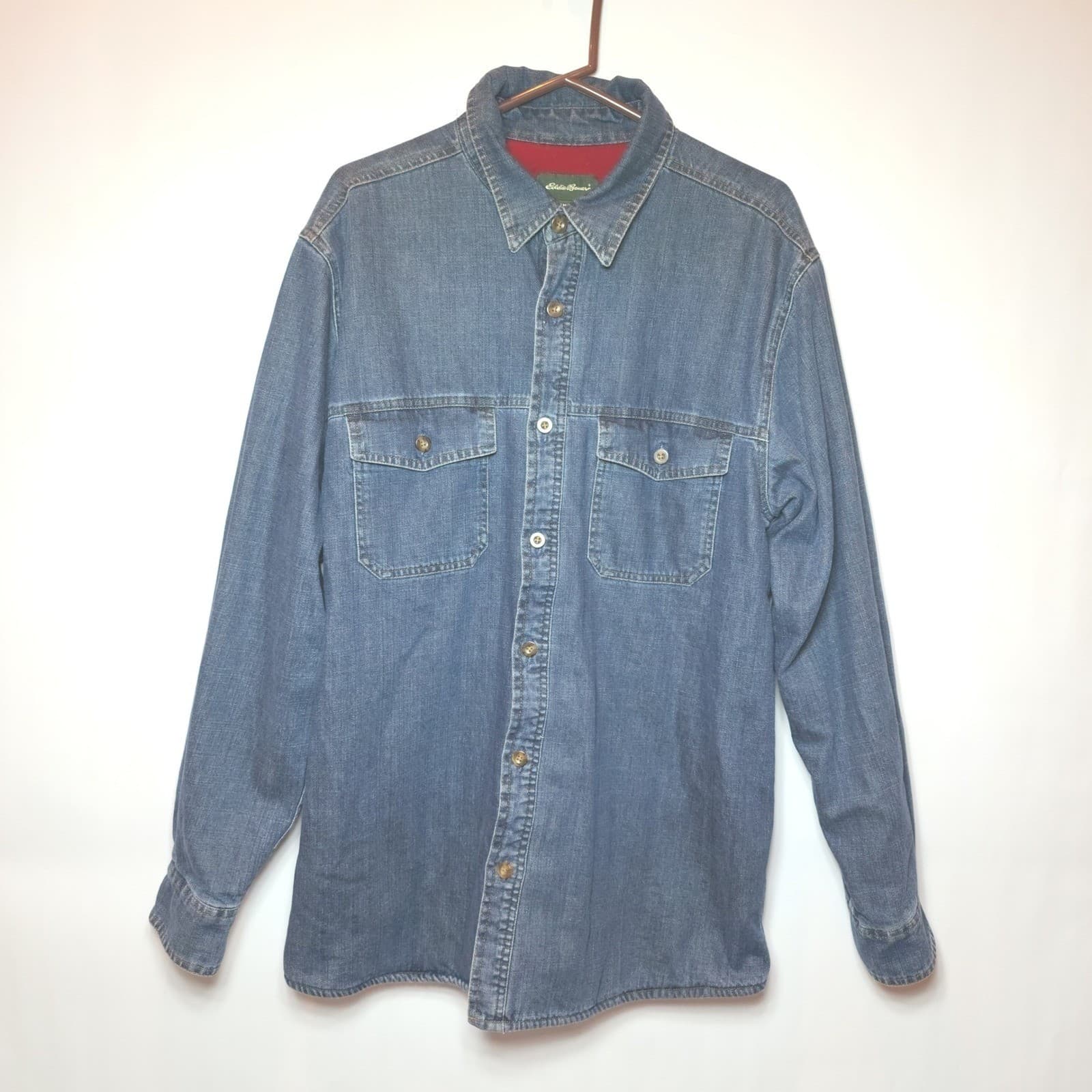Eddie Bauer Mens Large Tall Denim Shirt Flannel Lined Blue Red Button Up Jacket