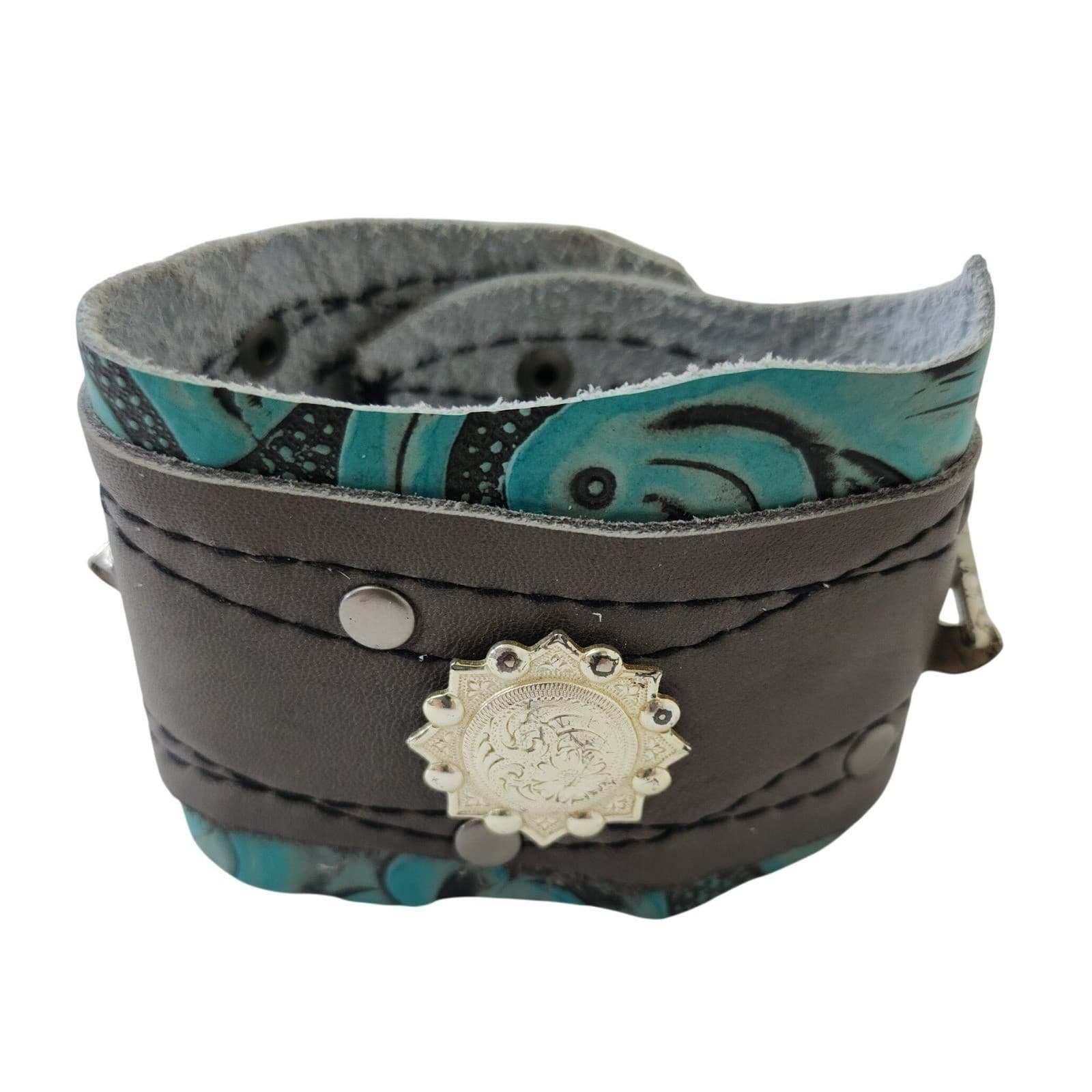 Western Leather Cuff Bracelet Turquoise Gray Embossed Studded Snap boho