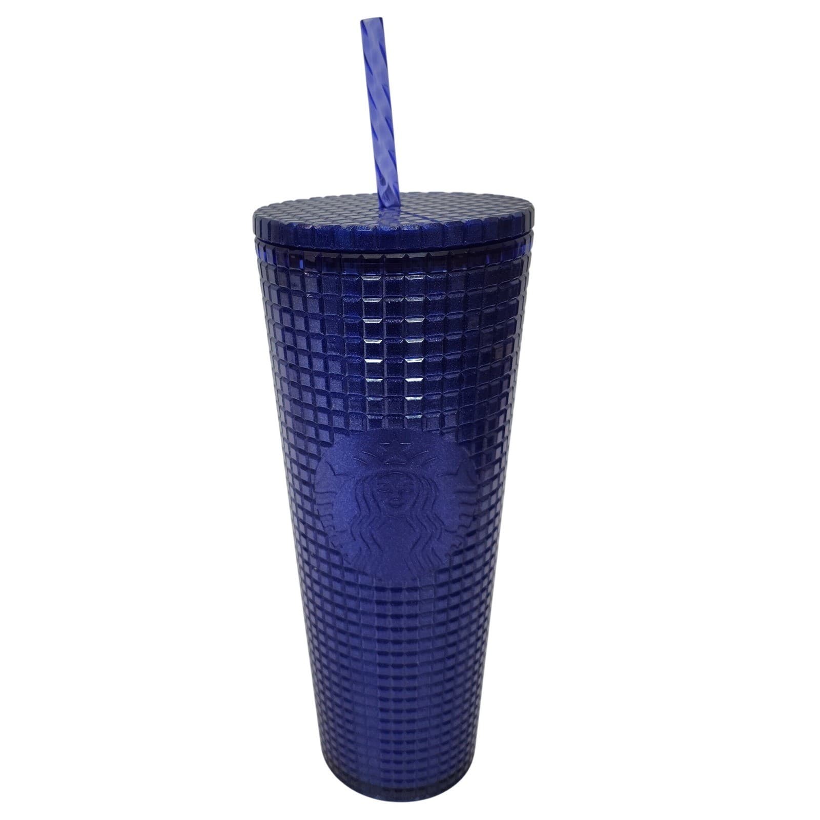 Starbucks 2022 Blue Grid Textured 24oz Venti Cold Cup Tumbler with Straw Glitter