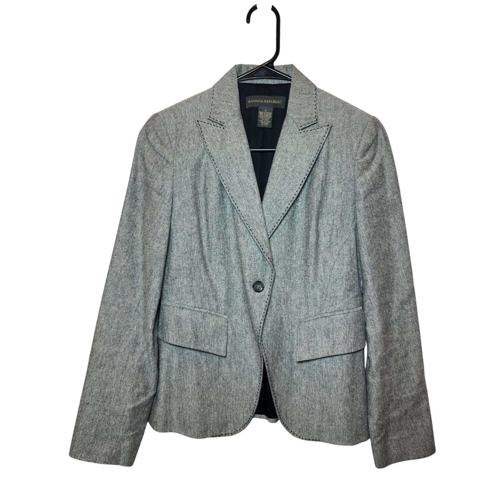Banana Republic Silk Linen Blazer Grey Pick Stitch Single Button Jacket Size 0