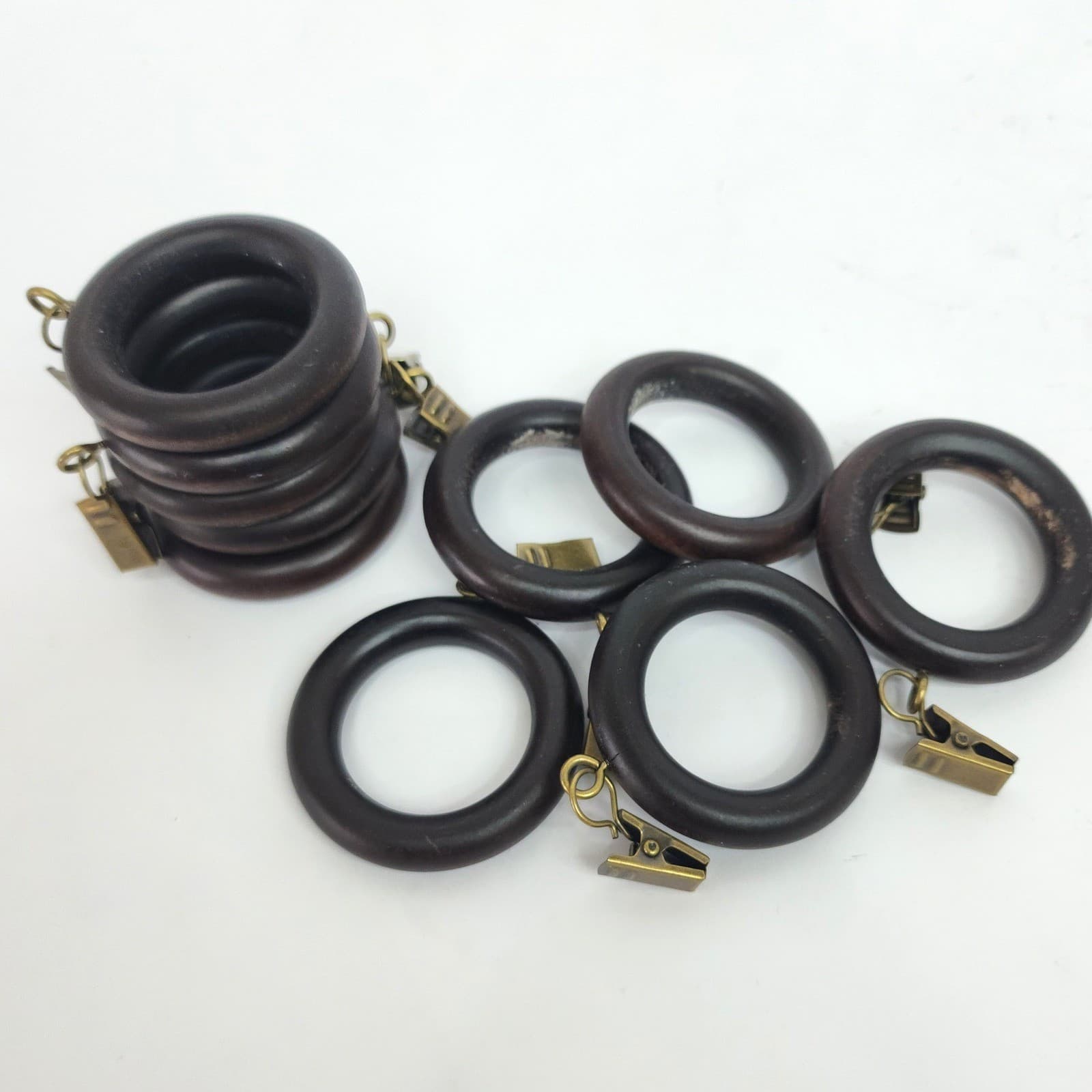VTG 90s Dark Espresso Wood Curtain Rings with Clips Set of 10
