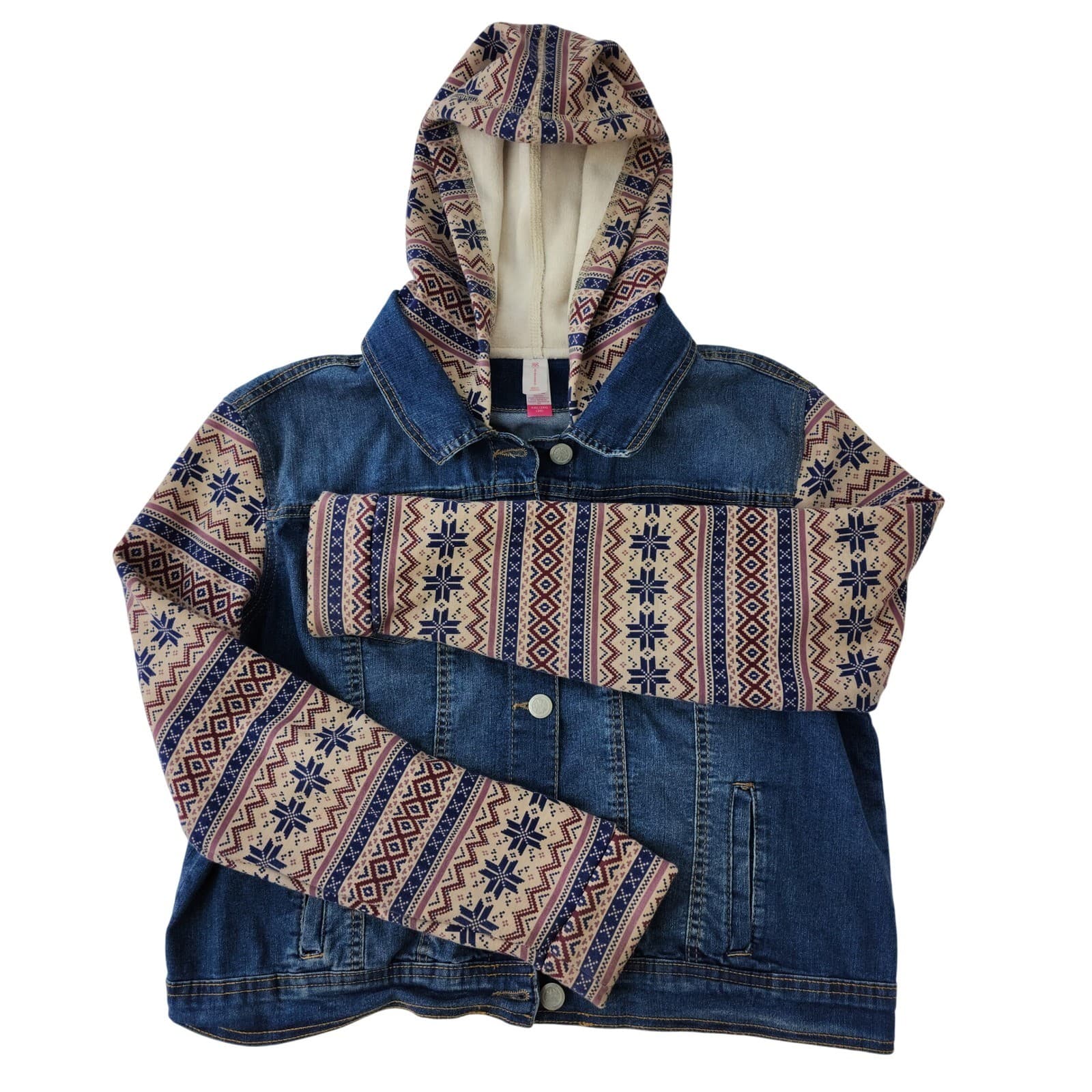 No Boundaries Fair Isle Knit Sleeve Hooded Denim Jacket Blue Wash