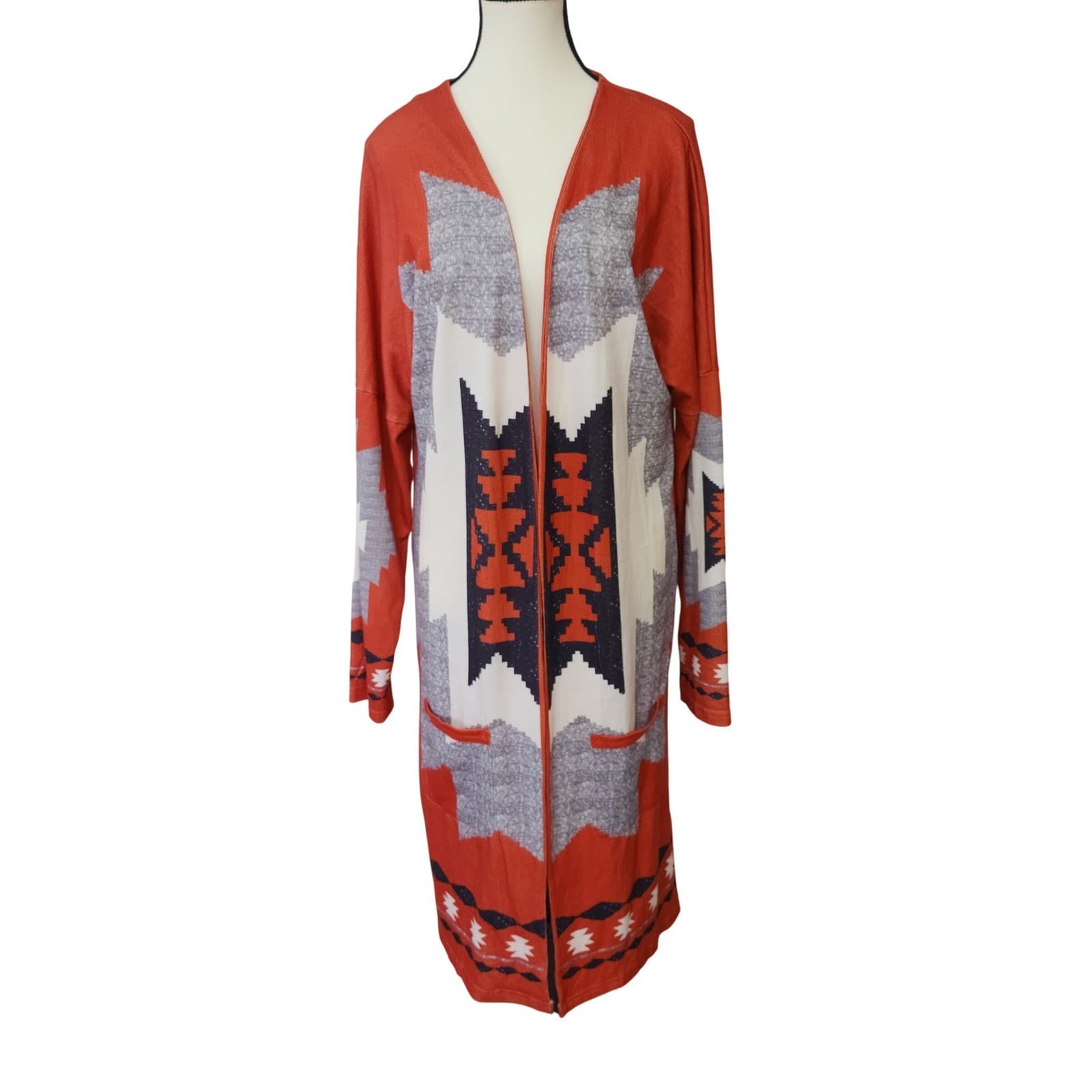 Southwestern Geometric Longline Duster Cardigan Rust Orange Grey Cream Size M