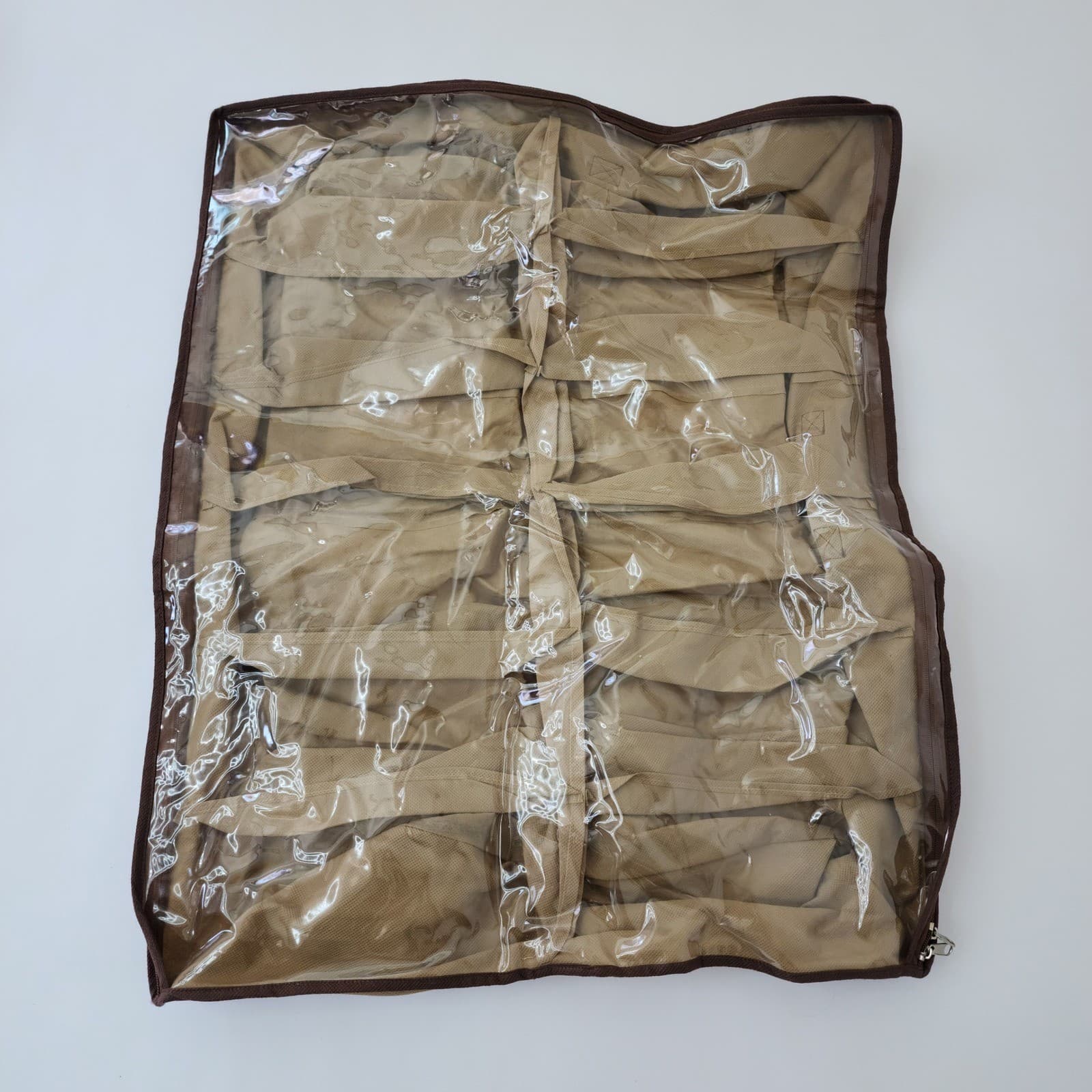 Underbed Shoe Organizer Storage Bag 12 Compartment Clear Zipper Top Tan Brown