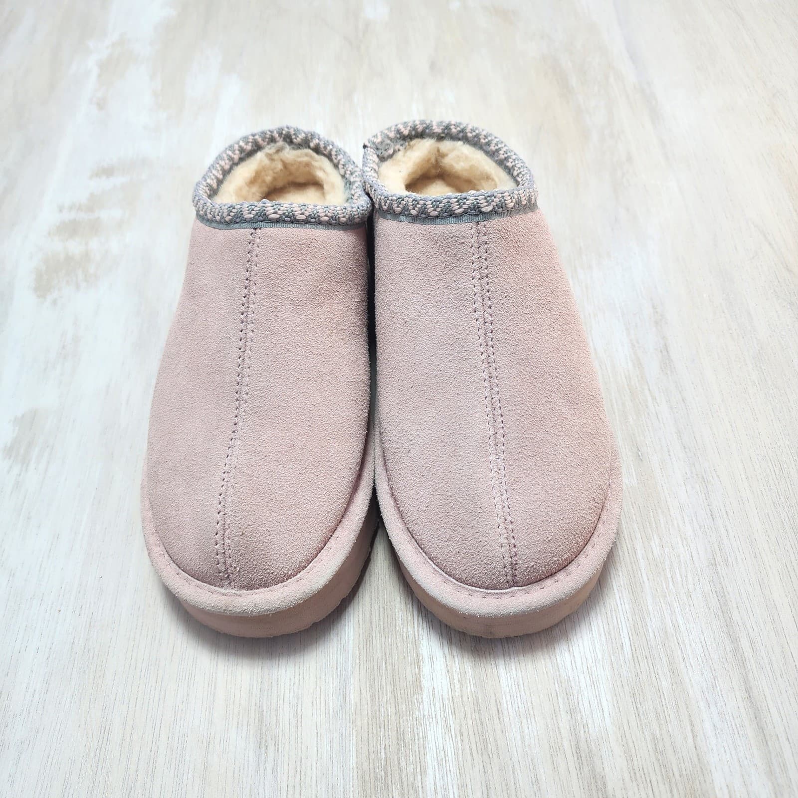 Bearpaw Kids Girls Pink Suede Slip On Slippers Mules Wool Blend Lining Size 6