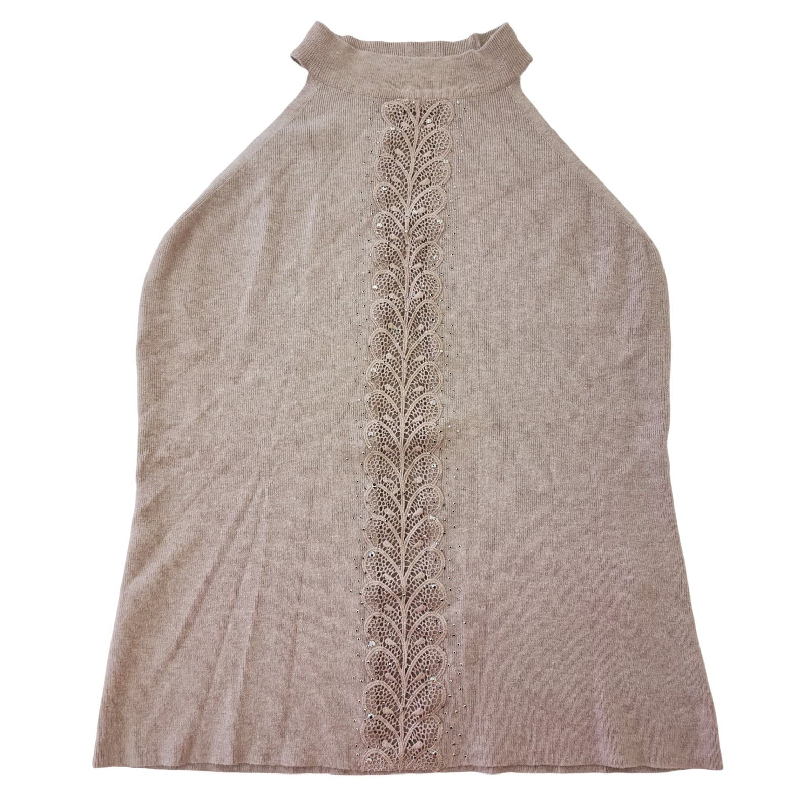 Mauve Knit Halter Top Mock Neck Lace Rhinestone Embellished Sleeveless Sweater