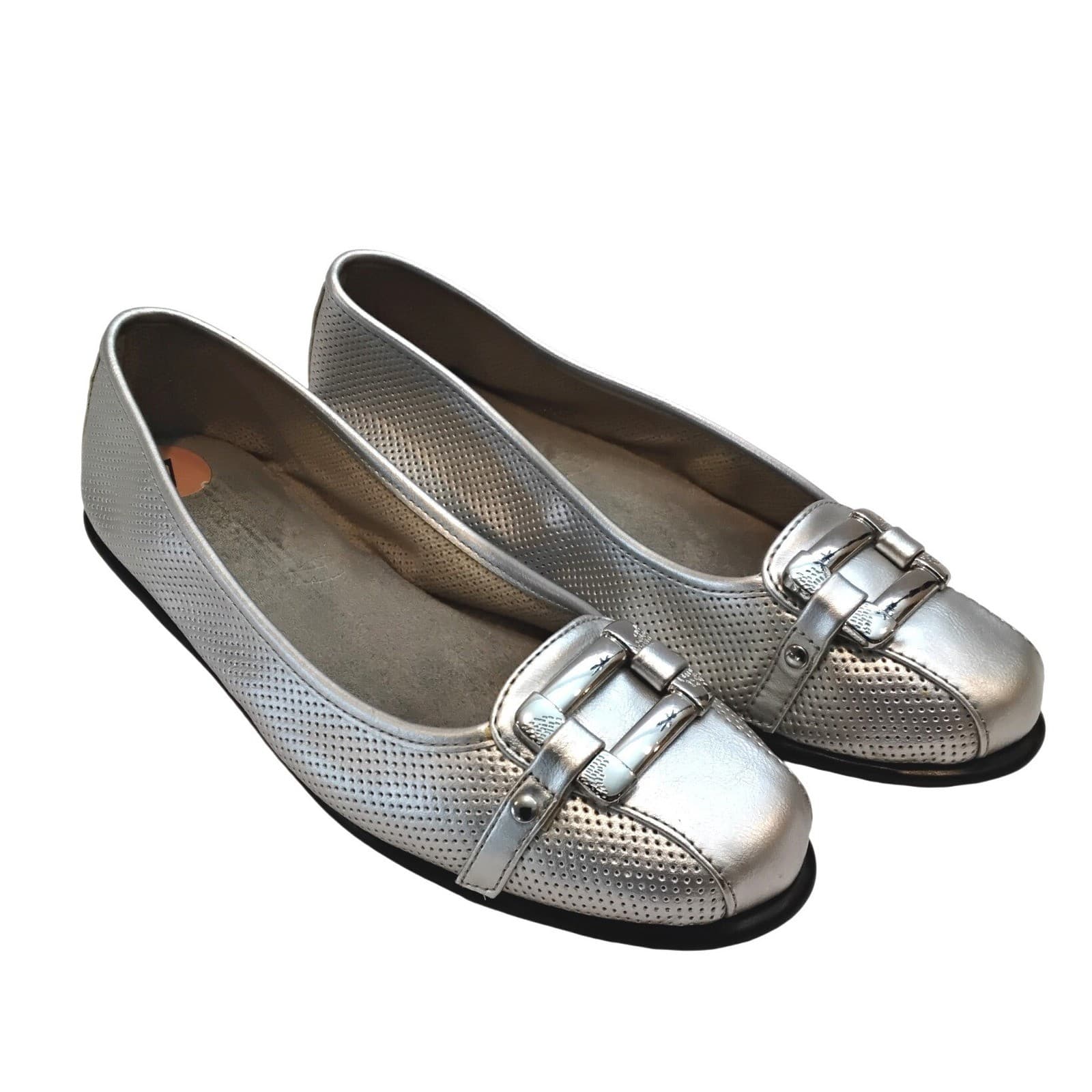 Aerosoles Silver Metallic Perforated Buckle Flats Womens 7 Square Toe Slip On