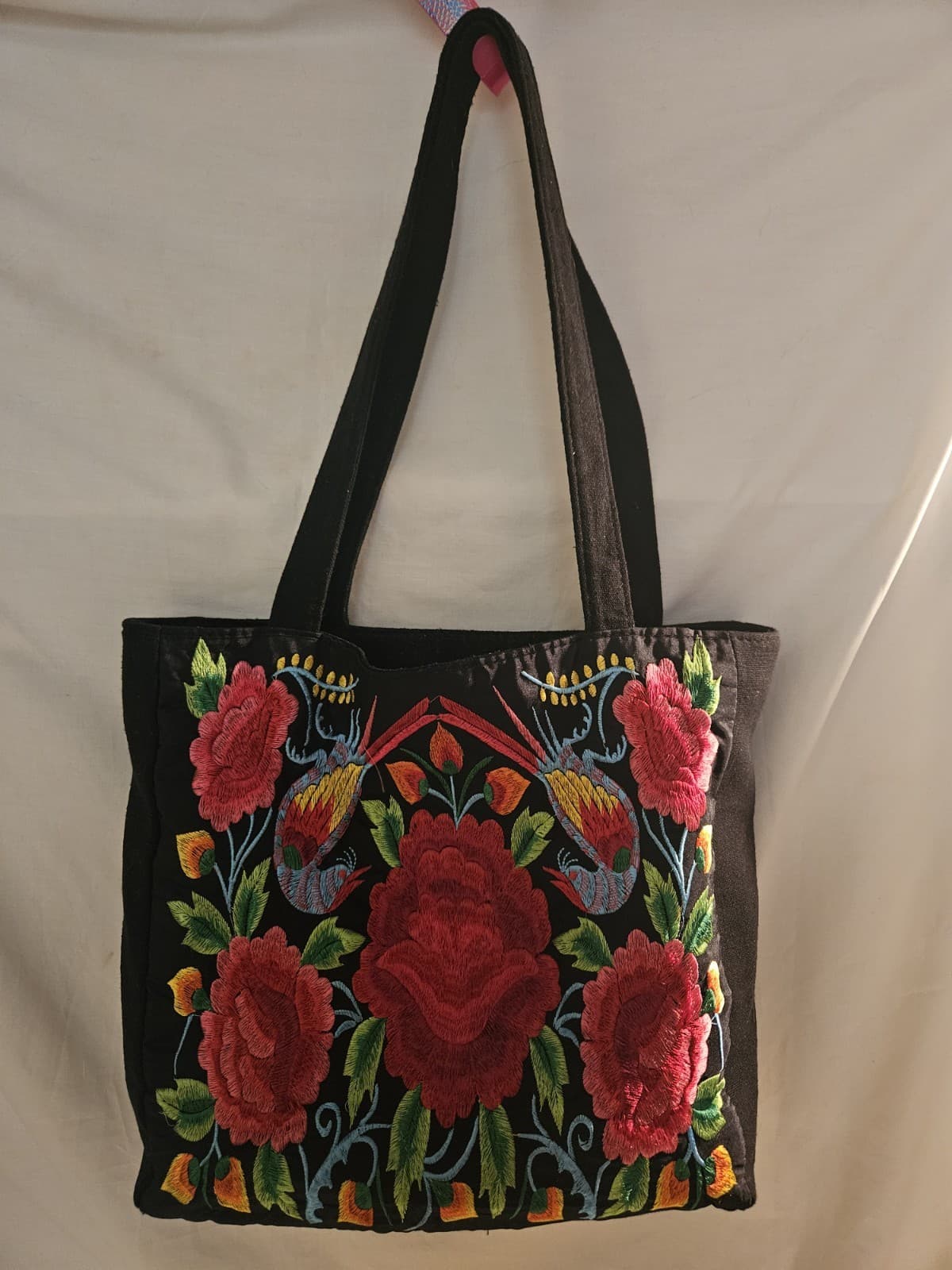 Black Canvas shoulder Tote Bag w/Mexican artisan hand embroidered flowers birds