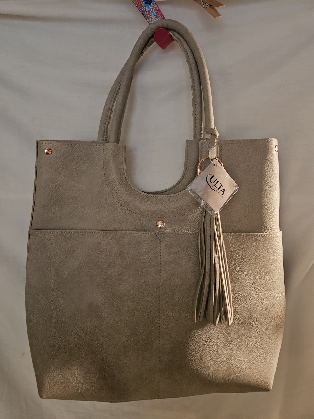 NWT Ulta Beauty Large Beige/Gray textured faux leather shoulder Tote Bag