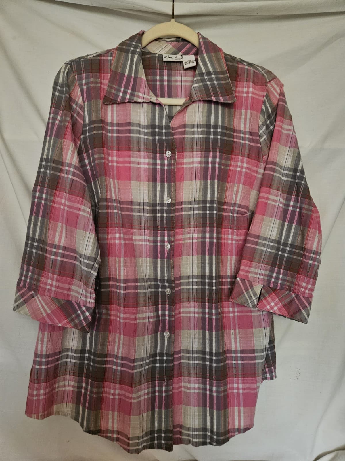 Kim Rogers Womans 16W Pink Taupe Beige Plaid Button Up Top Shirt 3/4 Sleeve