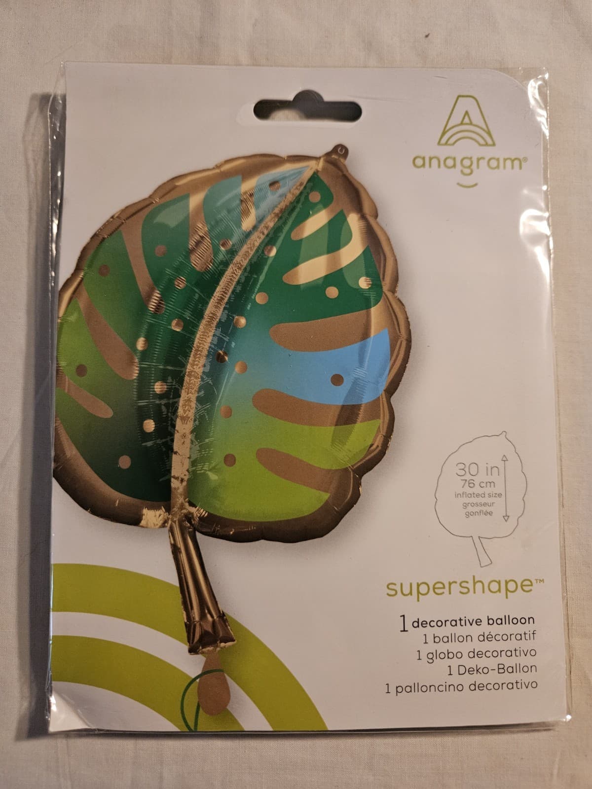 NEW Anagram Tropical 30" Microfoil Mylar Gold & Green LEAF Shaped Balloon