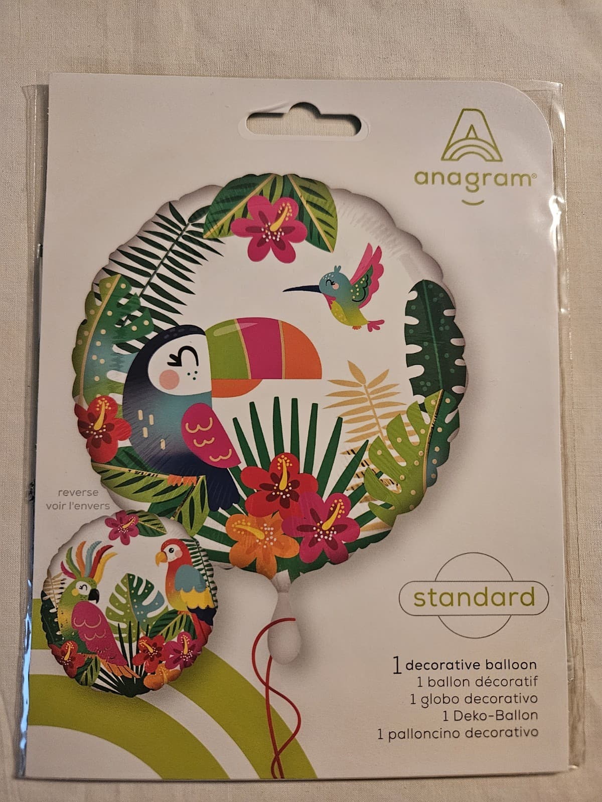NEW Anagram 17" Round Microfoil Mylar Tropical Toucan Parrot Flowered Balloon