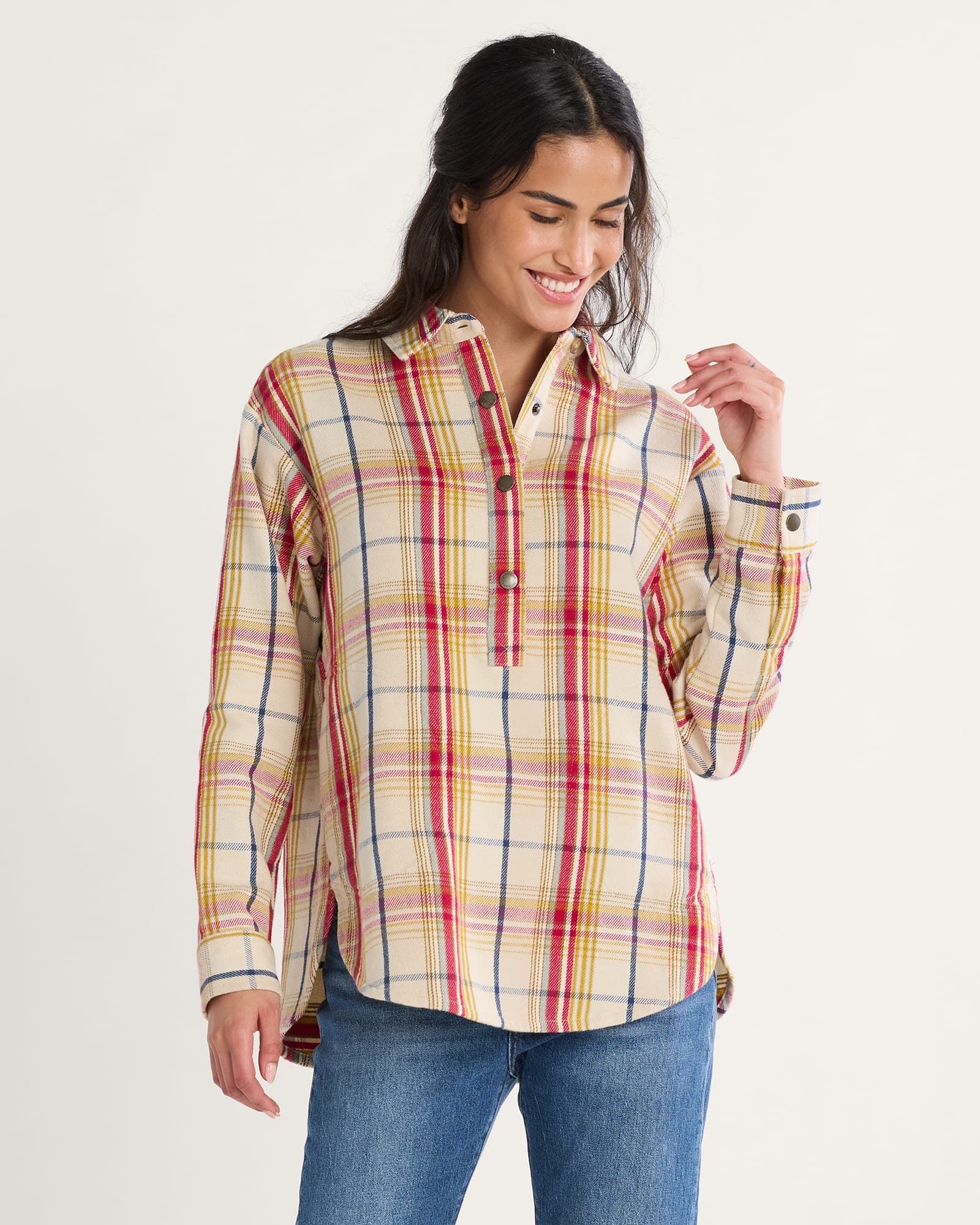 Plaid Popover Shirt - Antique White - XS
