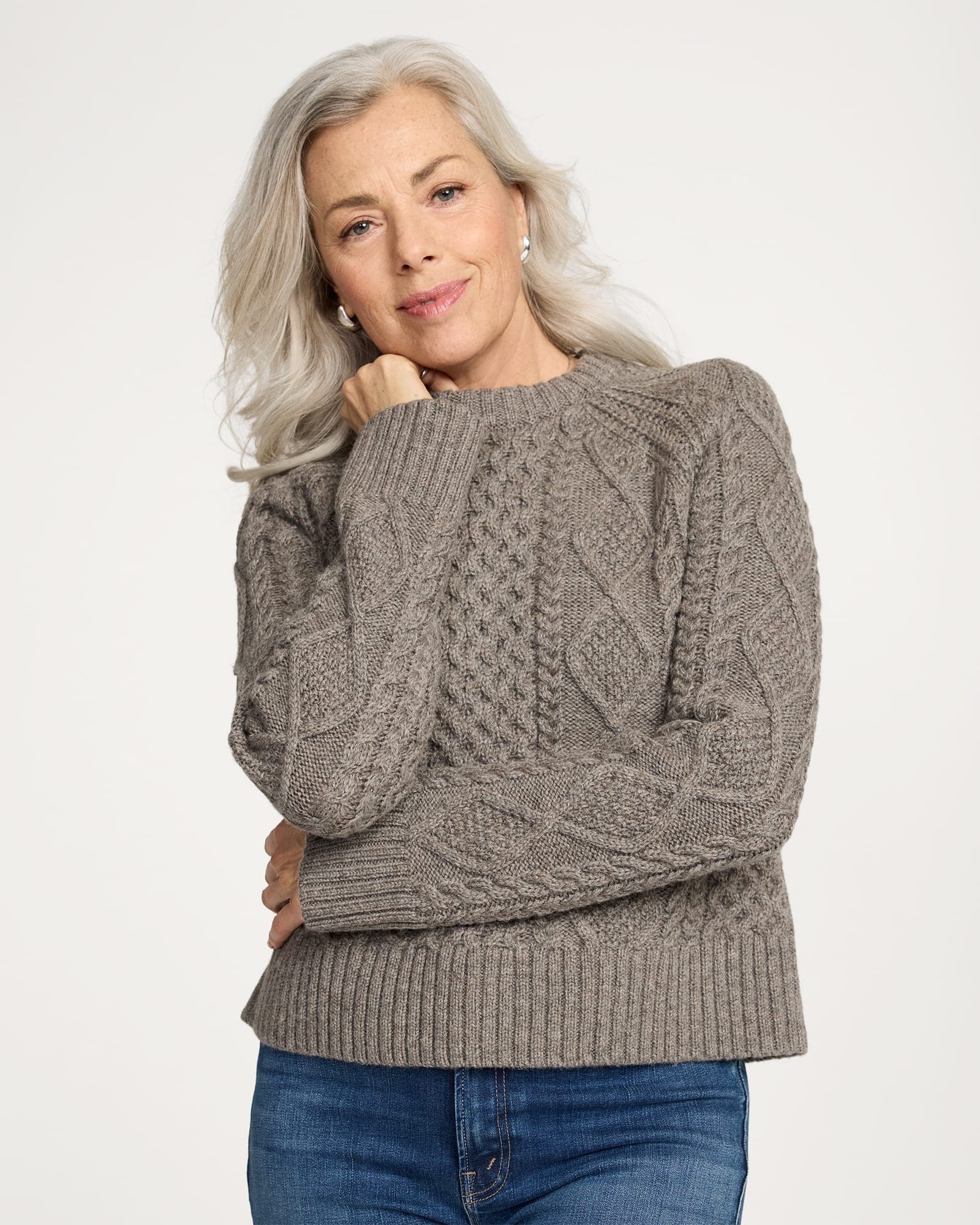 Womens Fisherman Sweater - Stone Heather - L