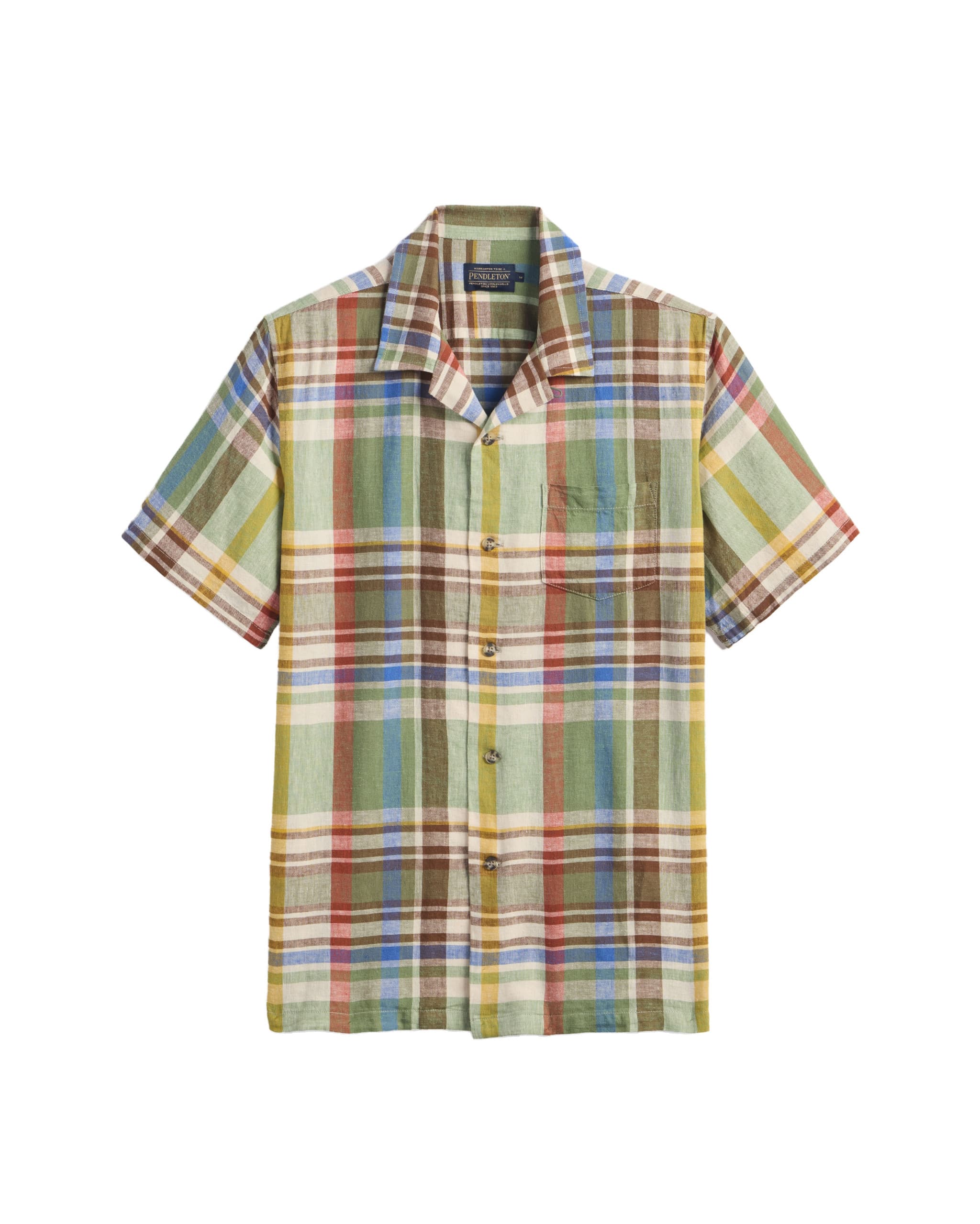 Linen Blend Camp Shirt - Green Plaid - XL