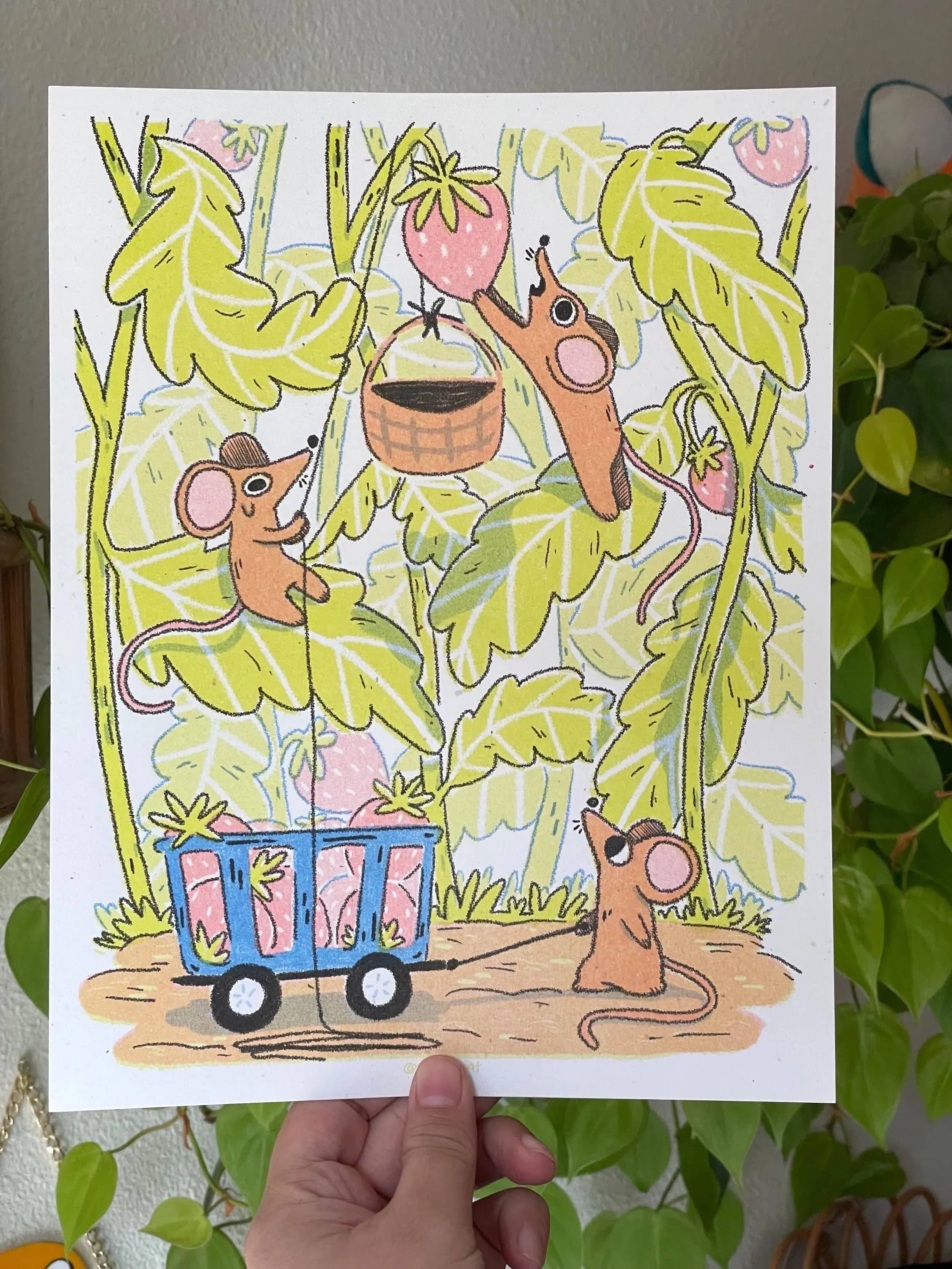 strawberry foragers riso art print - Regular