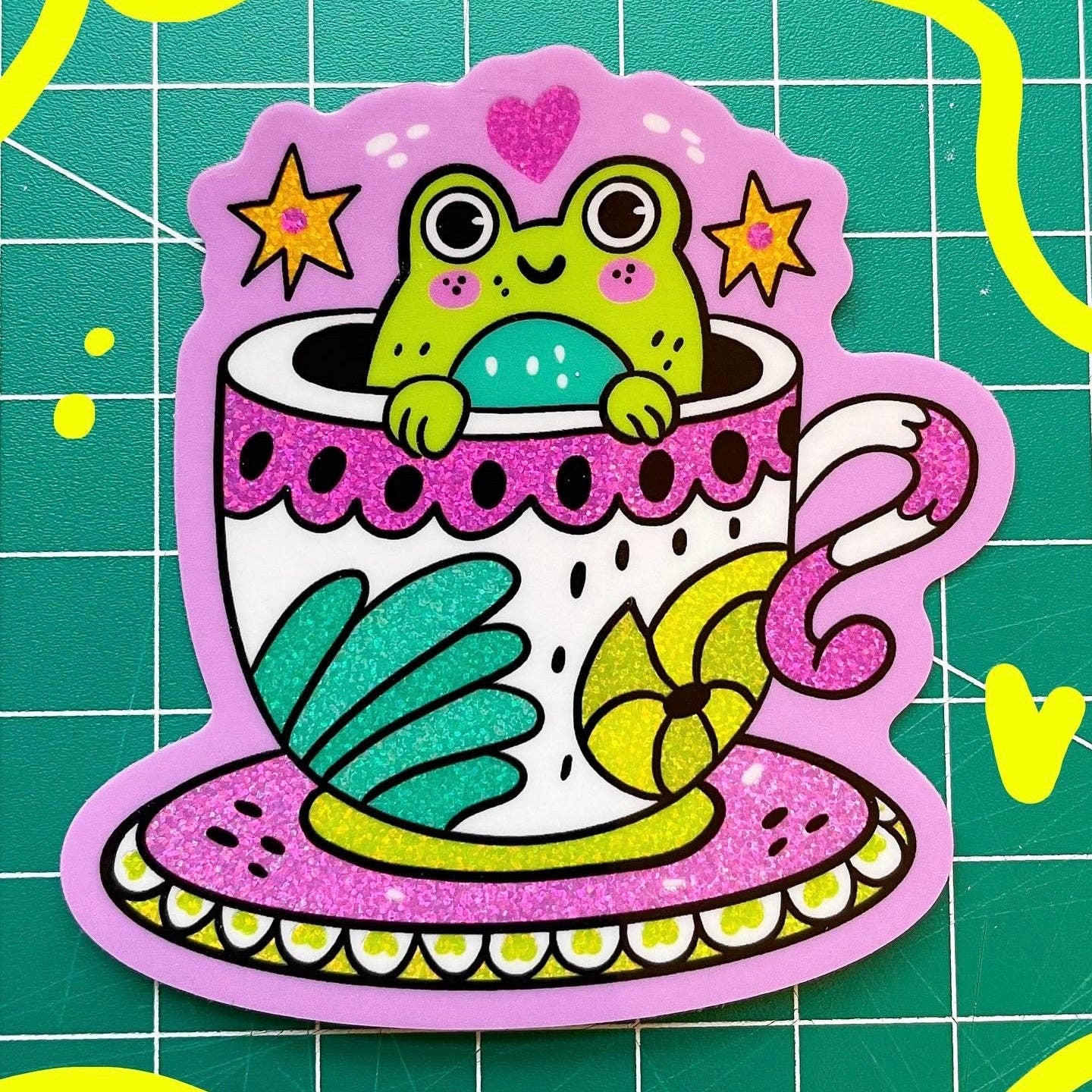 teacup frog glitter sticker - Regular