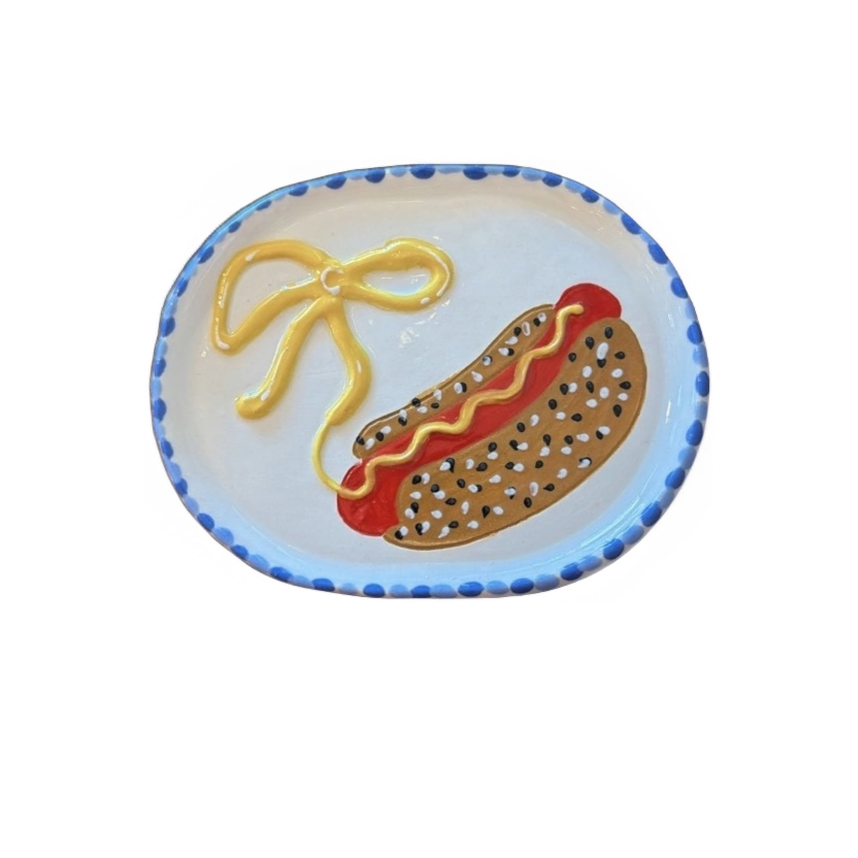 Ceramic Hot Dog Trinket Plate w/ Mustard Ribbon