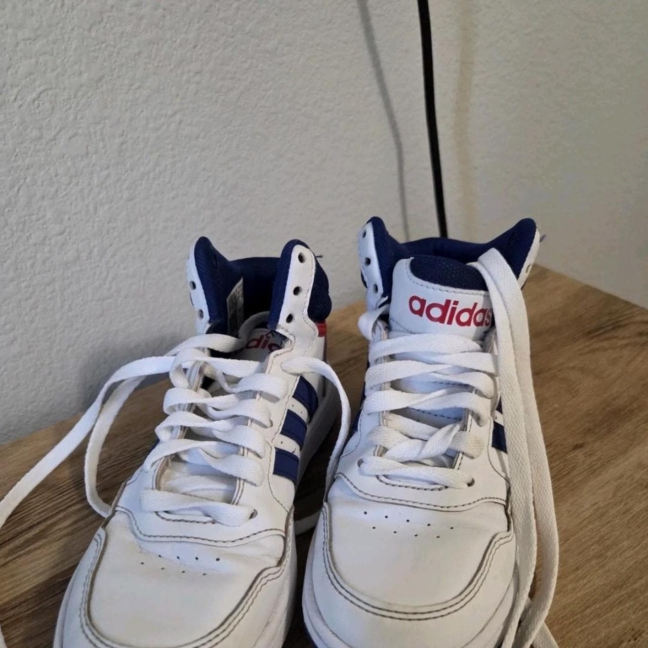 Adidas white sneakers with navy blue stripes and red accents #basketball #retro