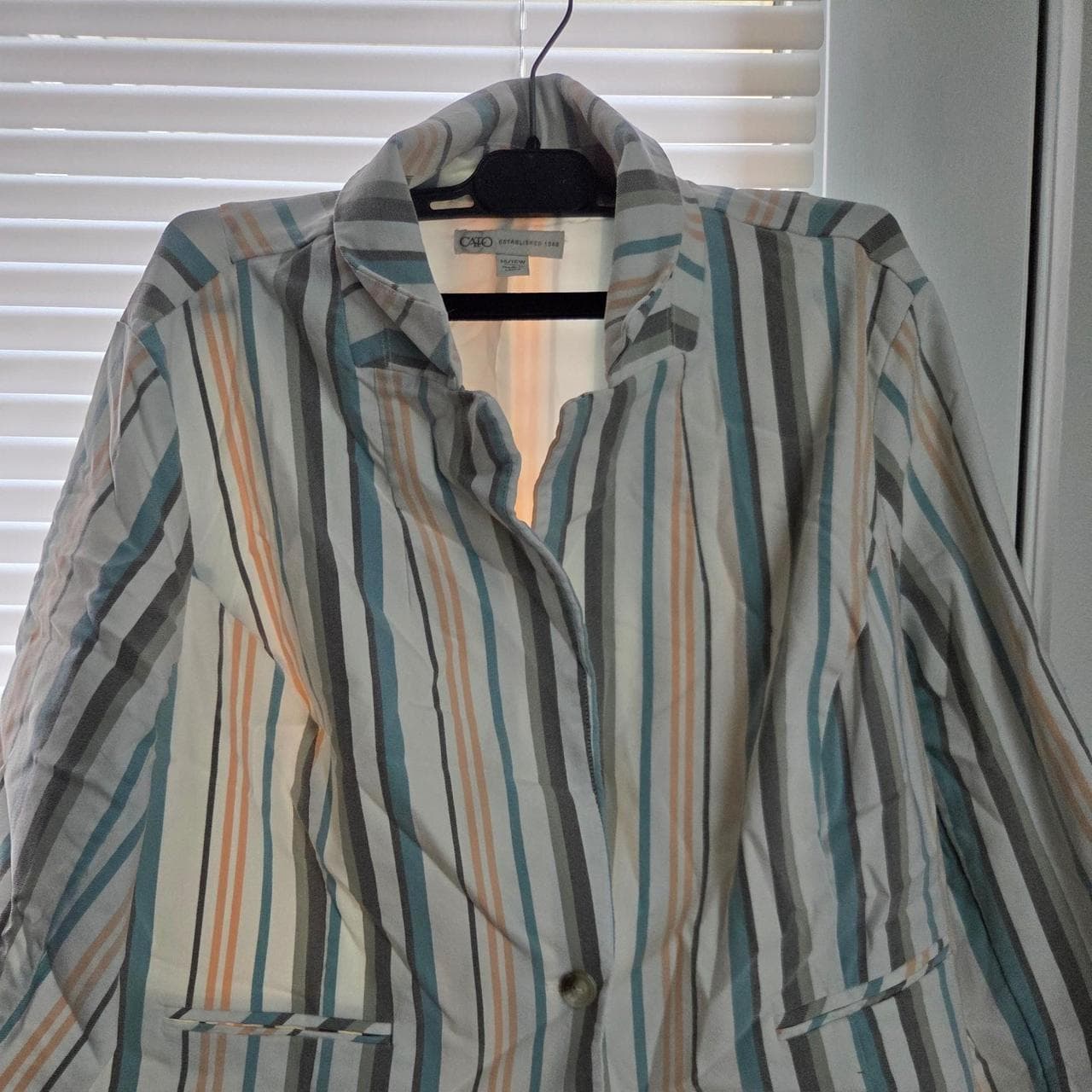 Cato vertical striped button-up shirt in blue, beige, and gray #stripes #buttonup