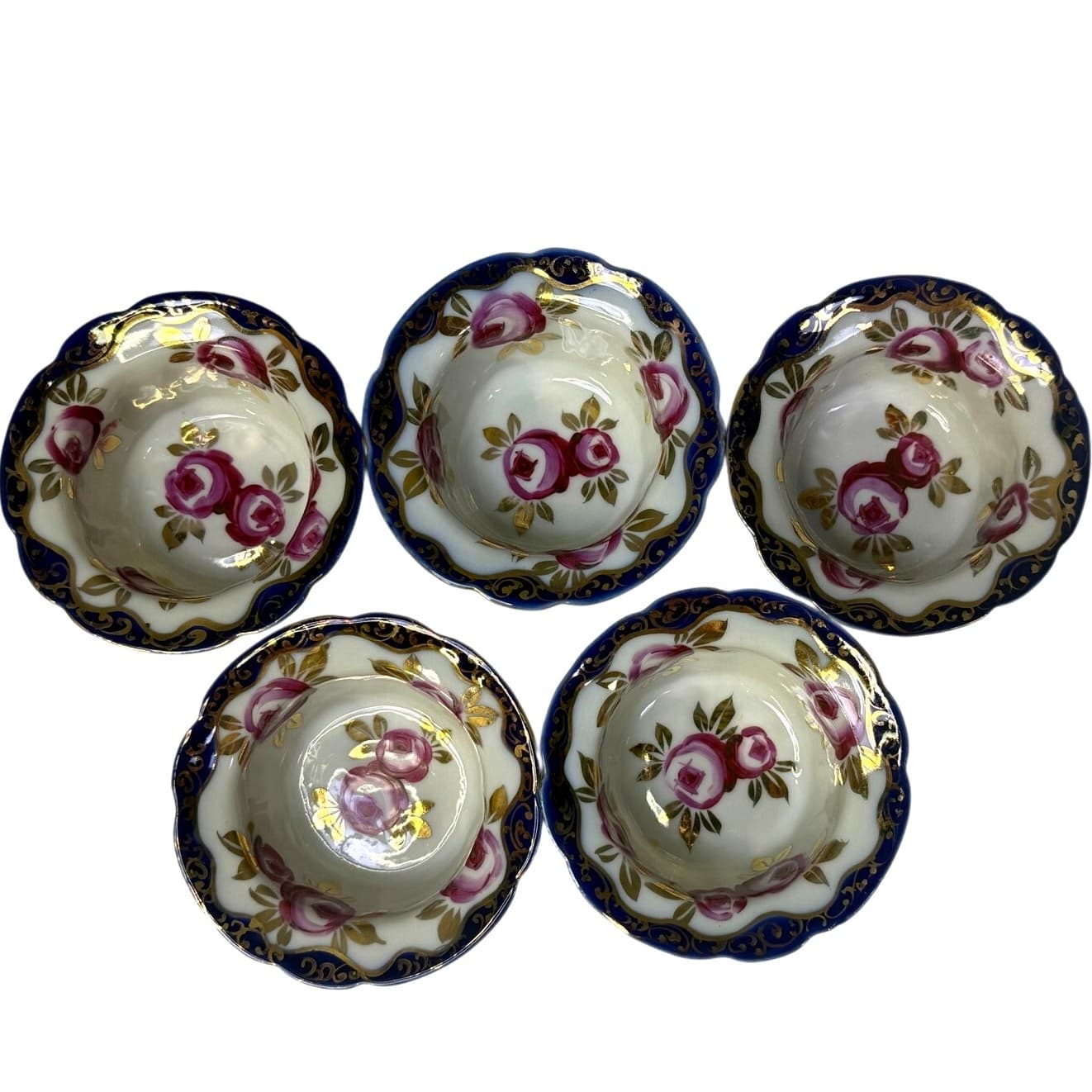Antique Porcelain 4" Dip Bowls Cobalt Blue Gold Gilt Hand Painted Roses-Set of 5