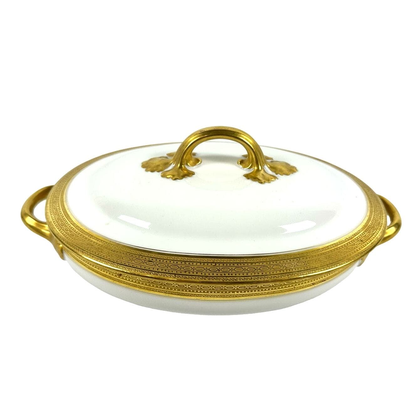 Wm Guerin & Co Limoges France White Antique Covered Serving Dish Gold Accents!