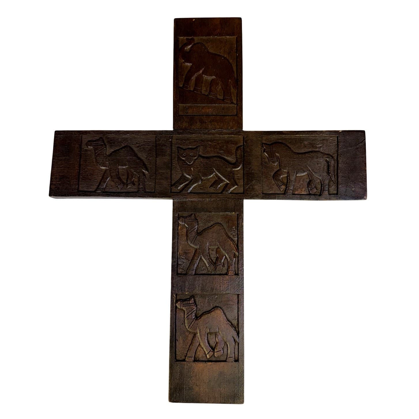 Carved Animals Relief Wooden 22 x 18 Large Hanging Wall Cross