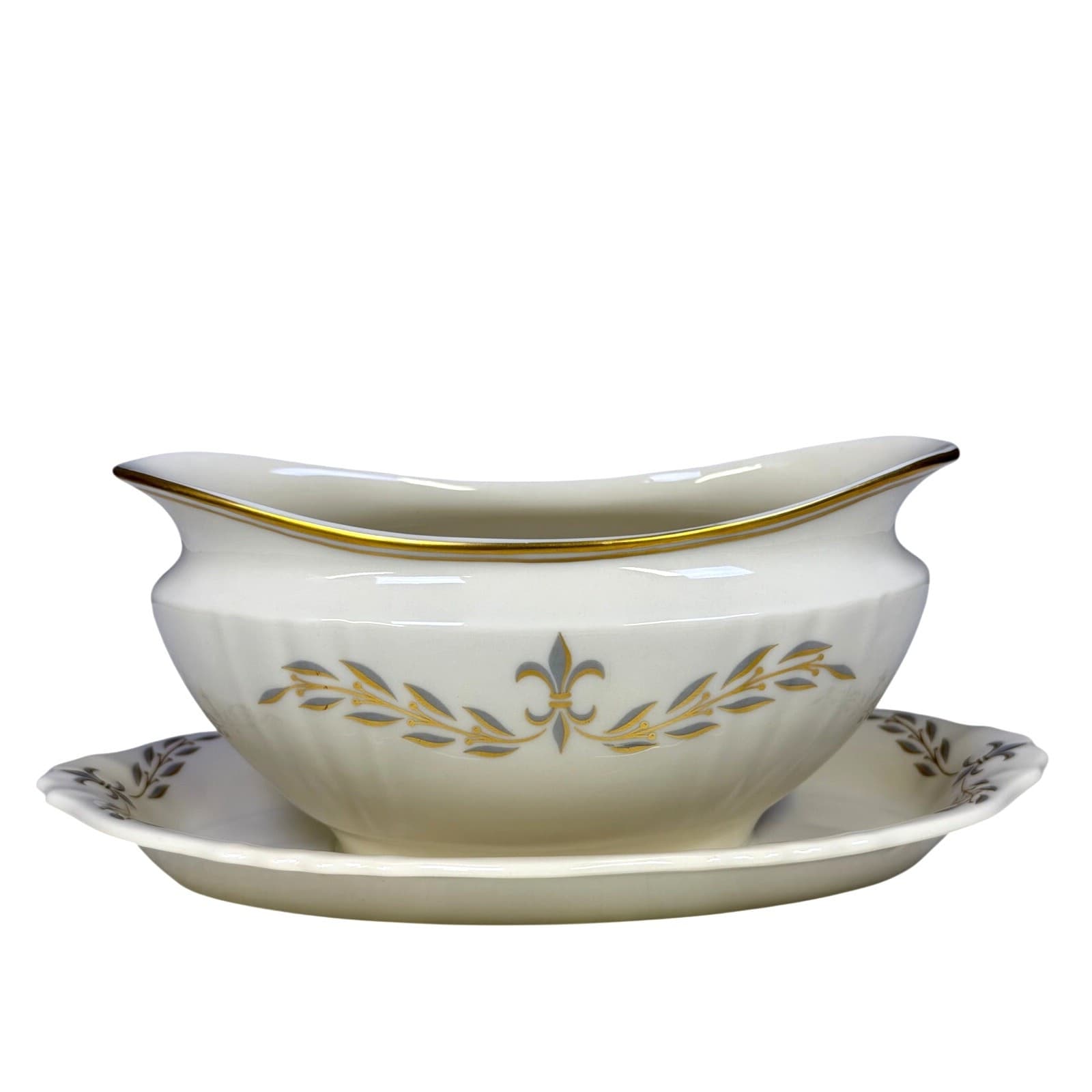 Syracuse Retired 1962-1966 'Fleur De Lis Gray' Gravy Boat with Underplate-Rare