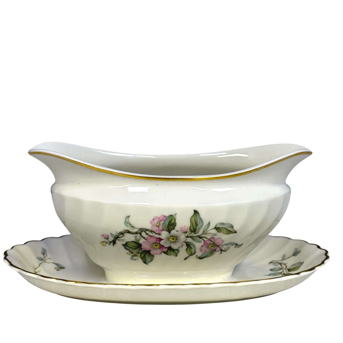 Syracuse Retired 'Apple Blossom' 1950-1967 Gravy Boat with Attached Underplate