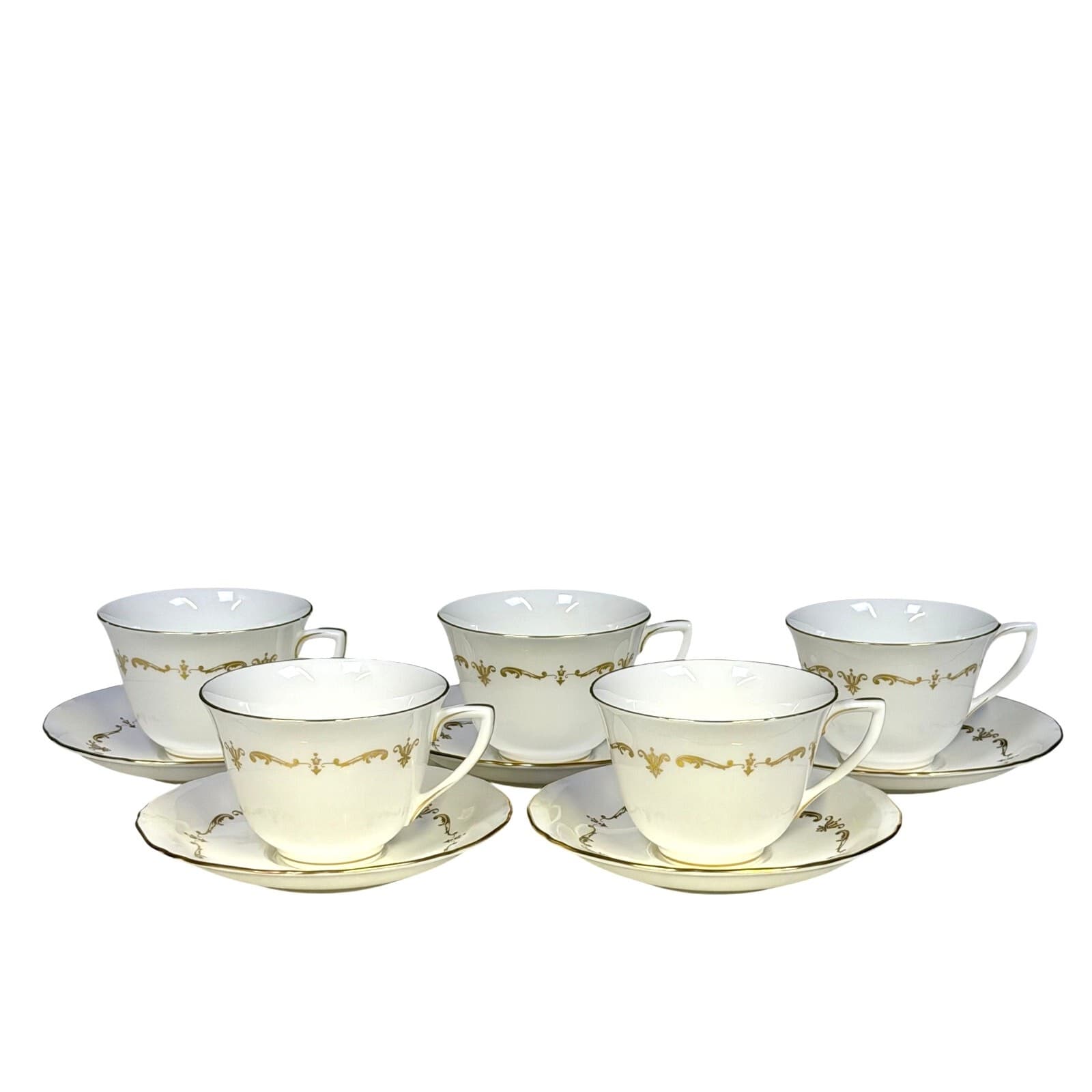 Royal Worcester Retired Gold Chantilly Bone China Footed Cups & Saucers-Set of 5