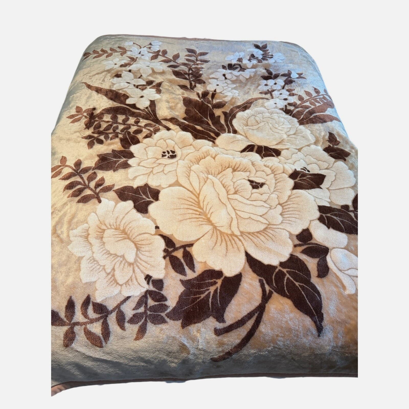 Vintage Korean Mink Blanket Neutral Floral Plush Soft Heavy Beige Brown Throw
