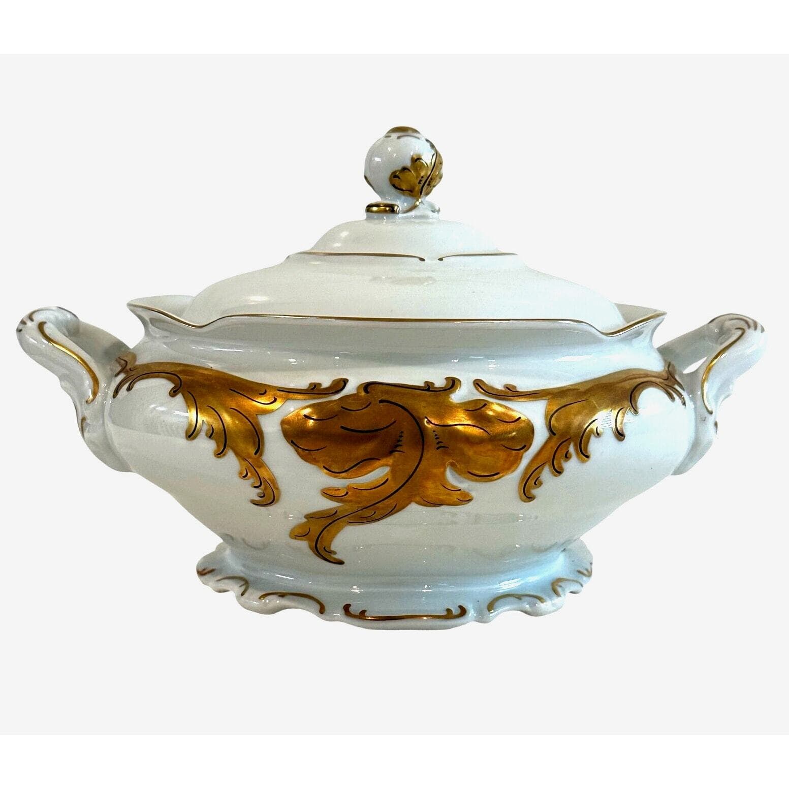 Walbrzych Poland Serving Dish w/Lid White Heavy Gold Scrolls-Rare-Excellent !