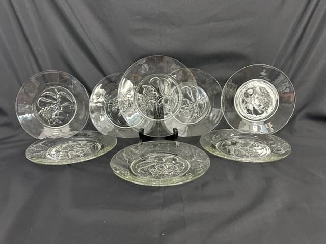 Fruit Pear Grape Leaves Clear Embossed Crystal 8" Plates-Set of 8