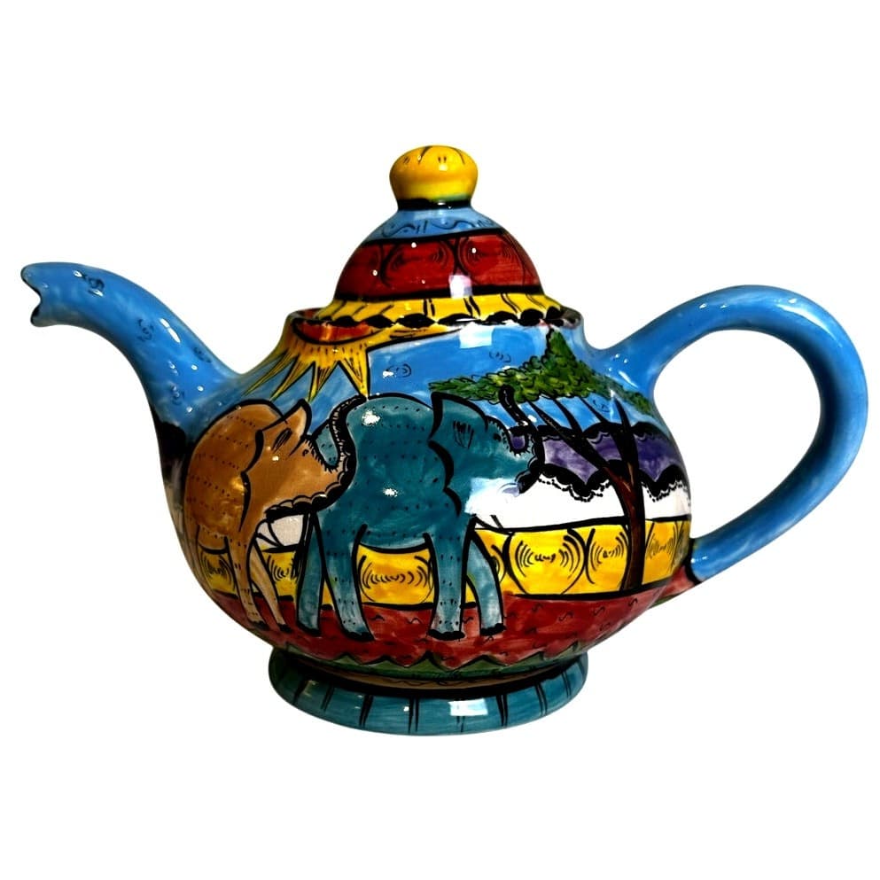 Penzo Zimbabwe Vintage Signed Hand Painted Elephants Giraffe Gemsbock Teapot