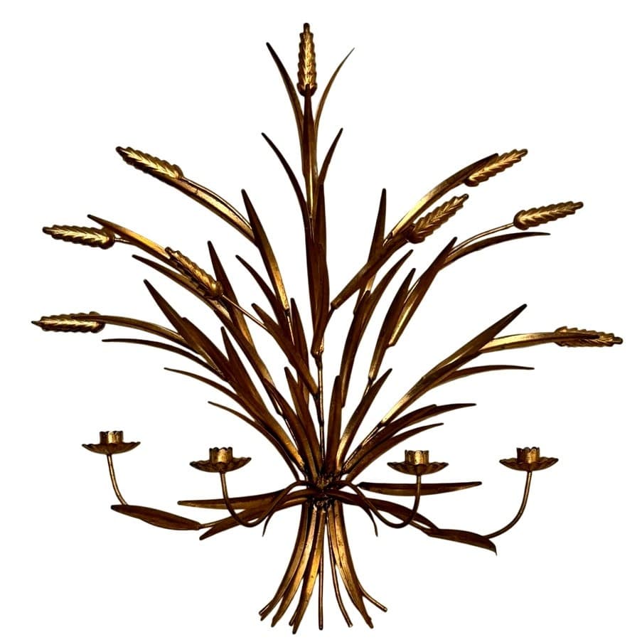 Hollywood Regency Italian Style Gilt Wheat Sheaf Vintage Wall Candelabra Tole