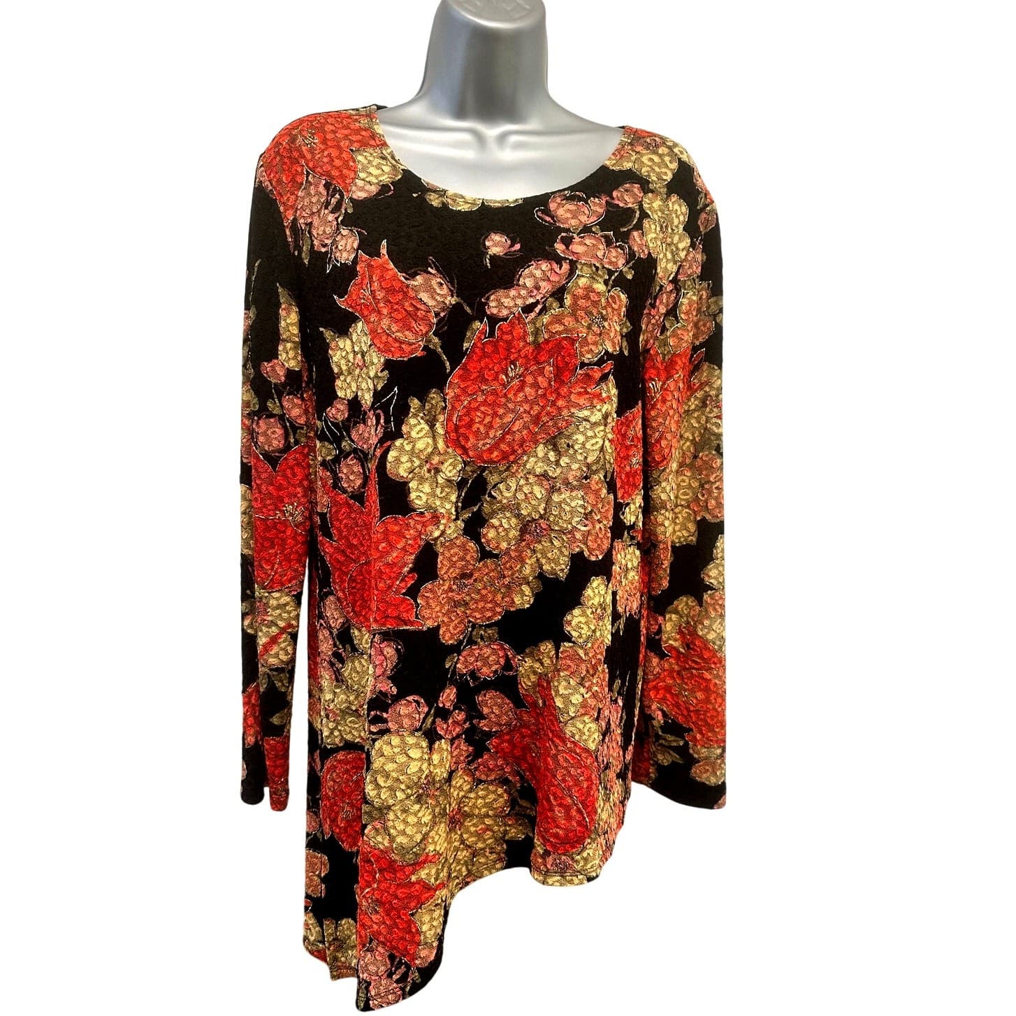 Mirasol Black Stretch Boho Vintage Bright Red Gold Accented Floral Design-Large