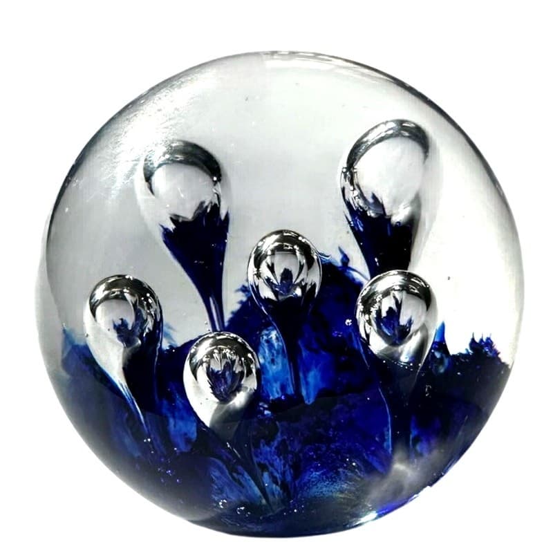 Murano Style Art Glass Paperweight Cobalt Blue Clear Glass Large Bubbles Decor