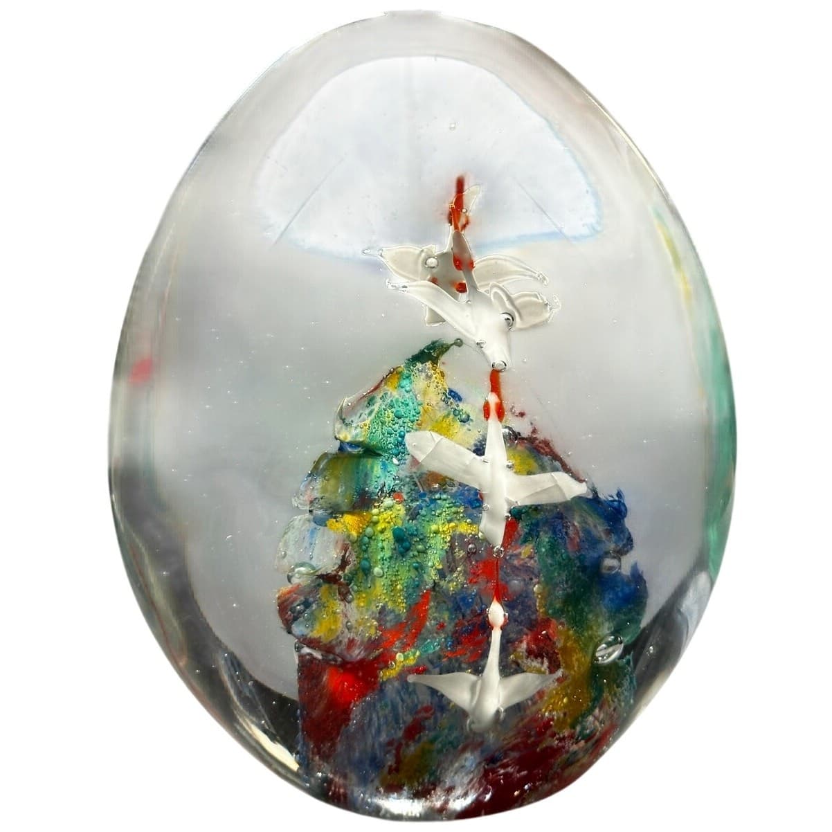 Murano Style Art Glass Paperweight Large Vibrant Colors White Birds in Flight
