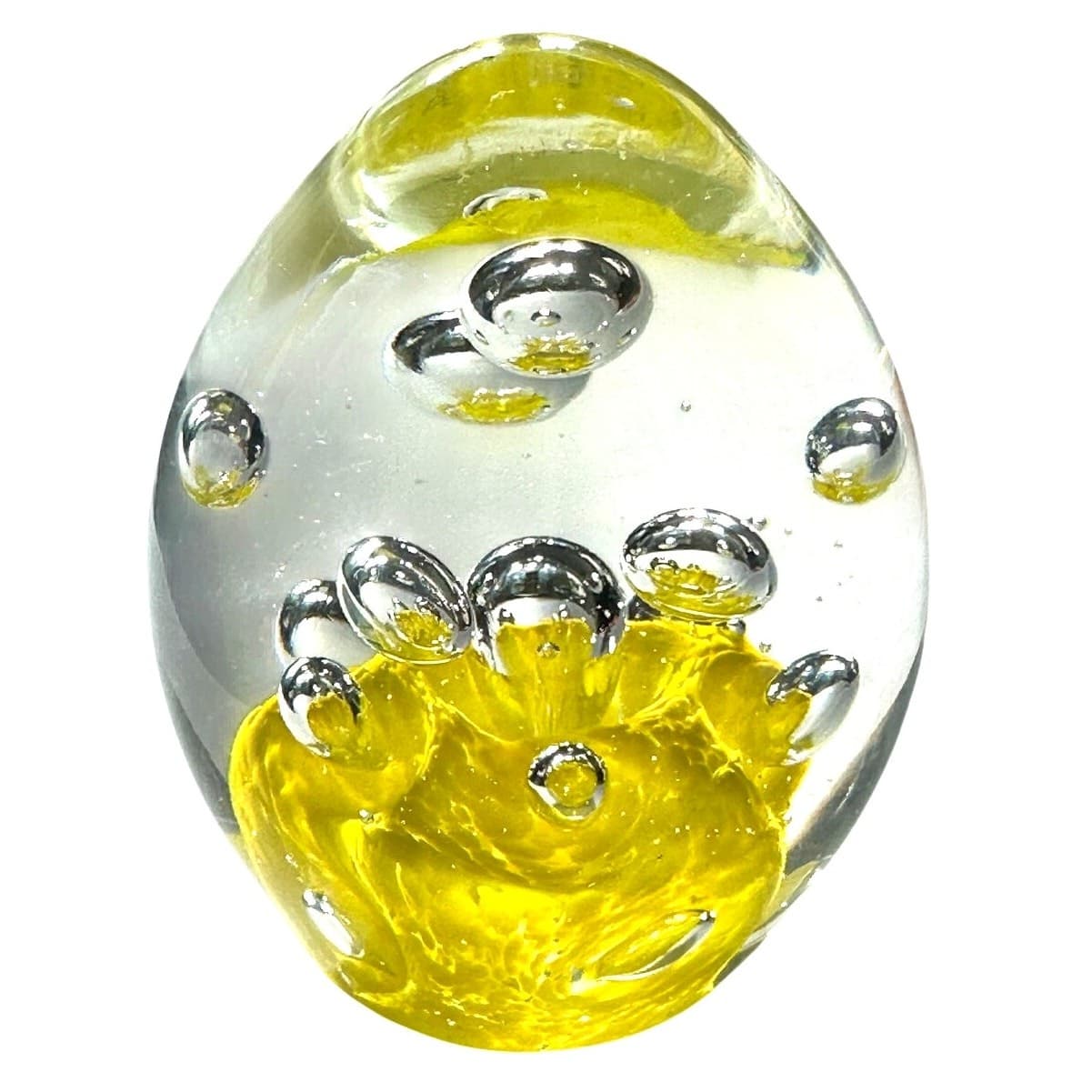 Murano Style Art Glass Paperweight Large Yellow Flower Base Glass Bubbles Design