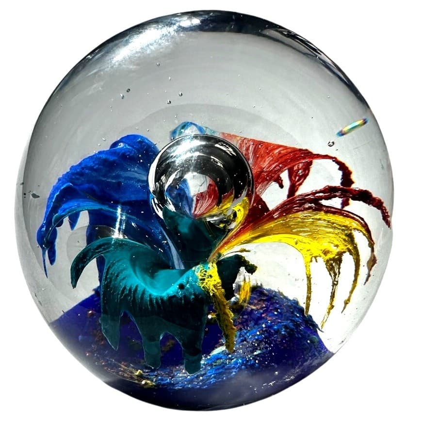 Murano Style Art Glass Paperweight 3D Split Vibrant Flower Huge Glass Bubble