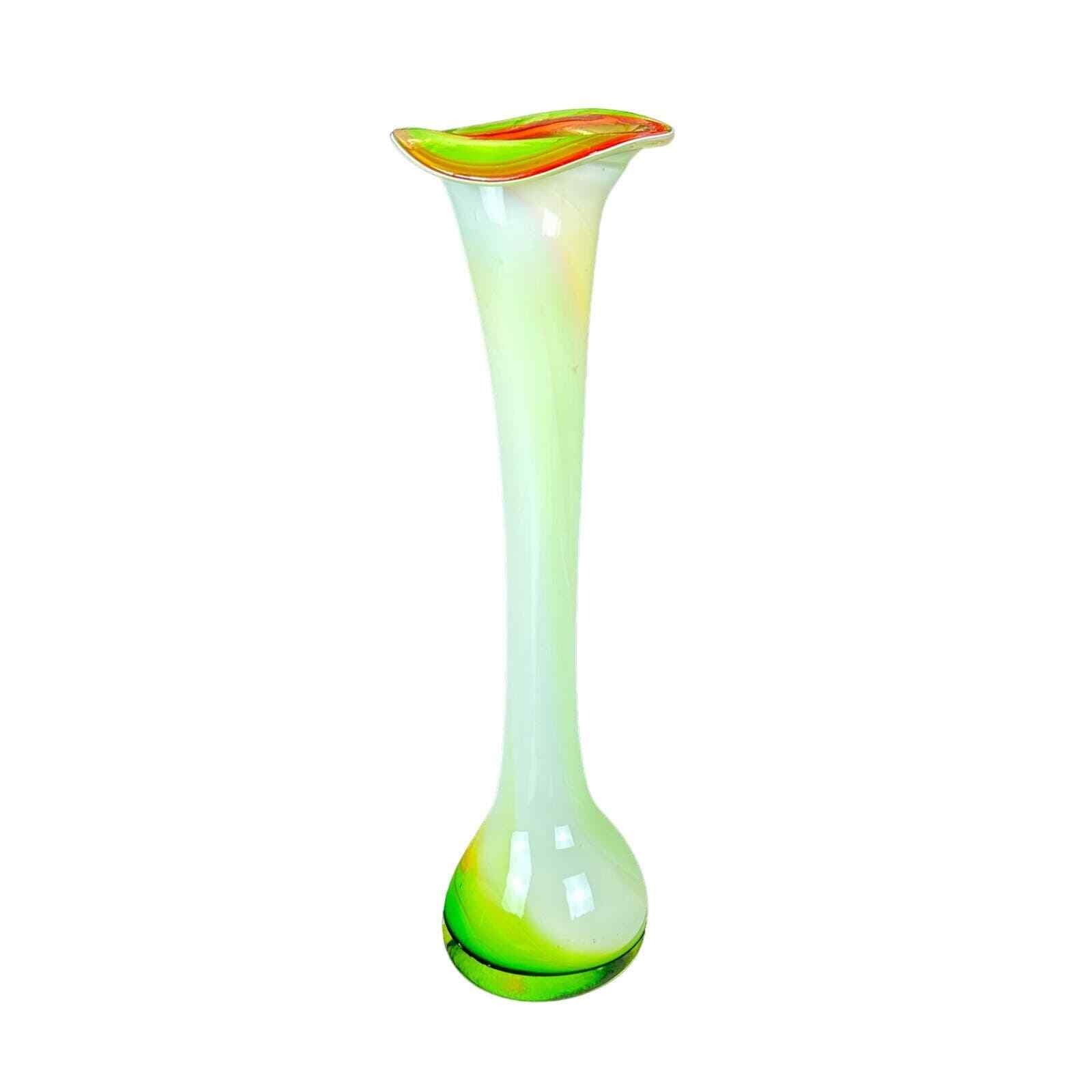 Tulip Glass Vase-Stunning Green White Orange Design 15.5" Vintage Hand blown
