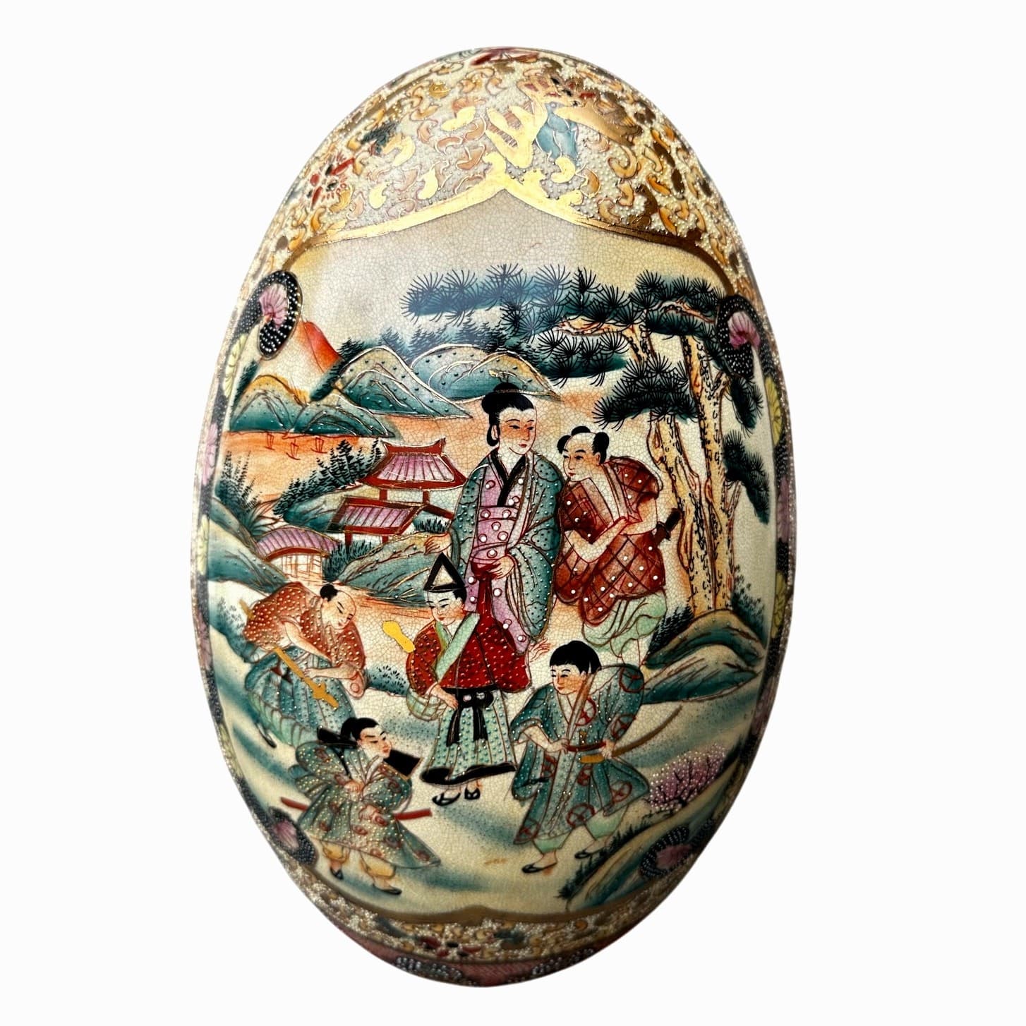 Japanese Satsuma Moriage Hand Painted 16.25" Egg Figural Panels Gold Gilt Work