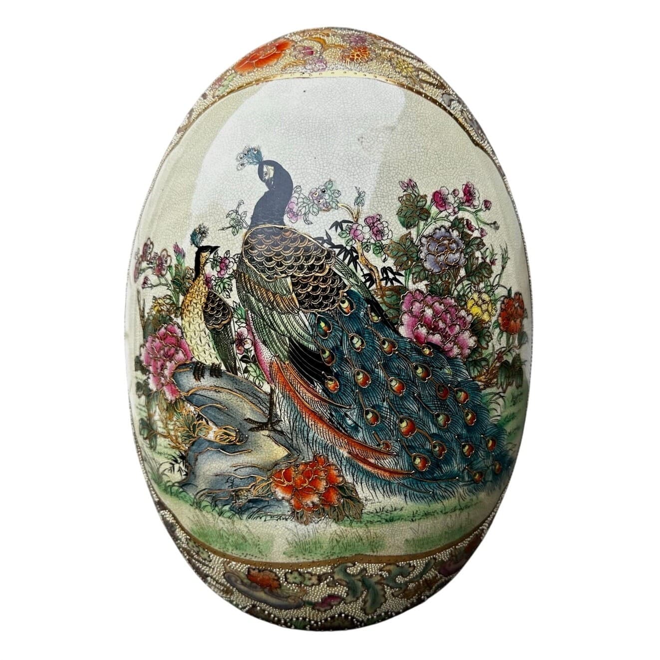 Japanese Satsuma Moriage Hand Painted 16.25" Egg Peacock Design Gold Gilt Work