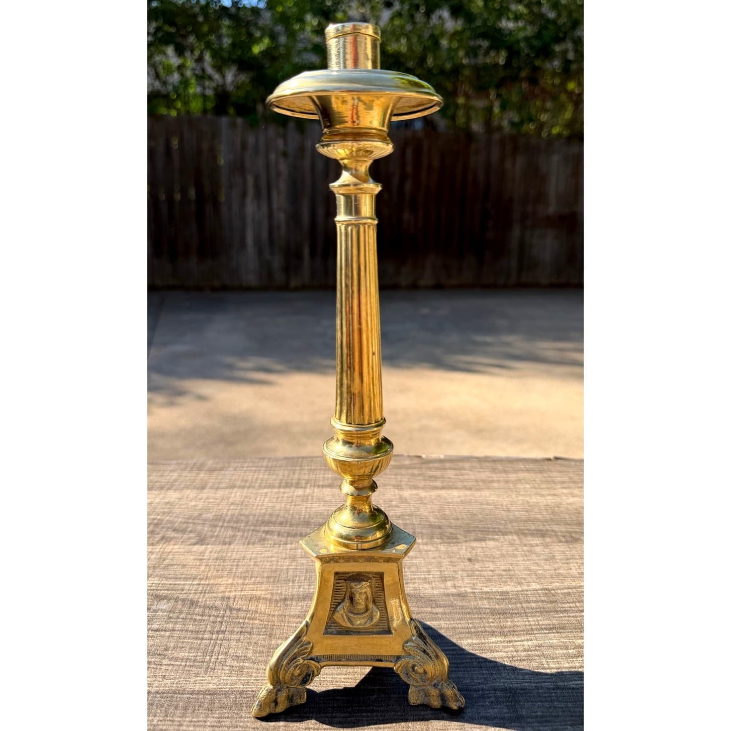 Antique Church Altar Brass Mary Joseph Jesus 12" Fluted Stem Tripod Candlestick