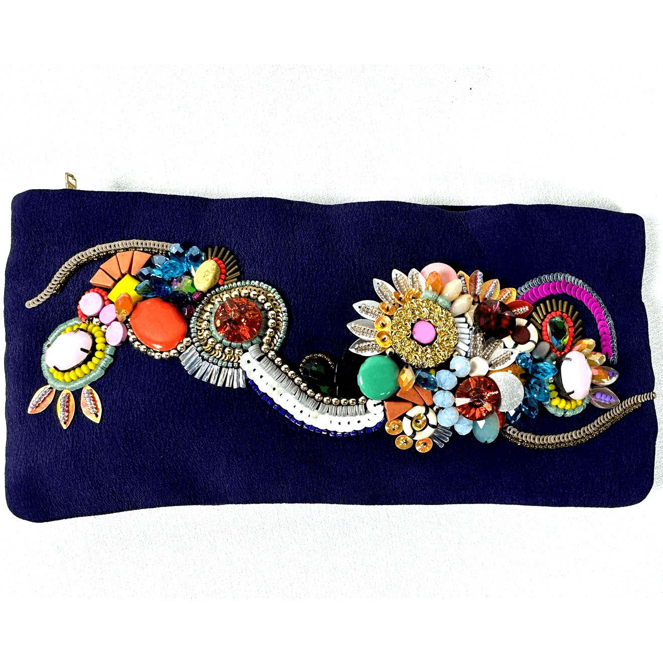 Megan Park Violet/Blue Silk Clutch Bag w/Stunning Jeweled Floral Embellishments