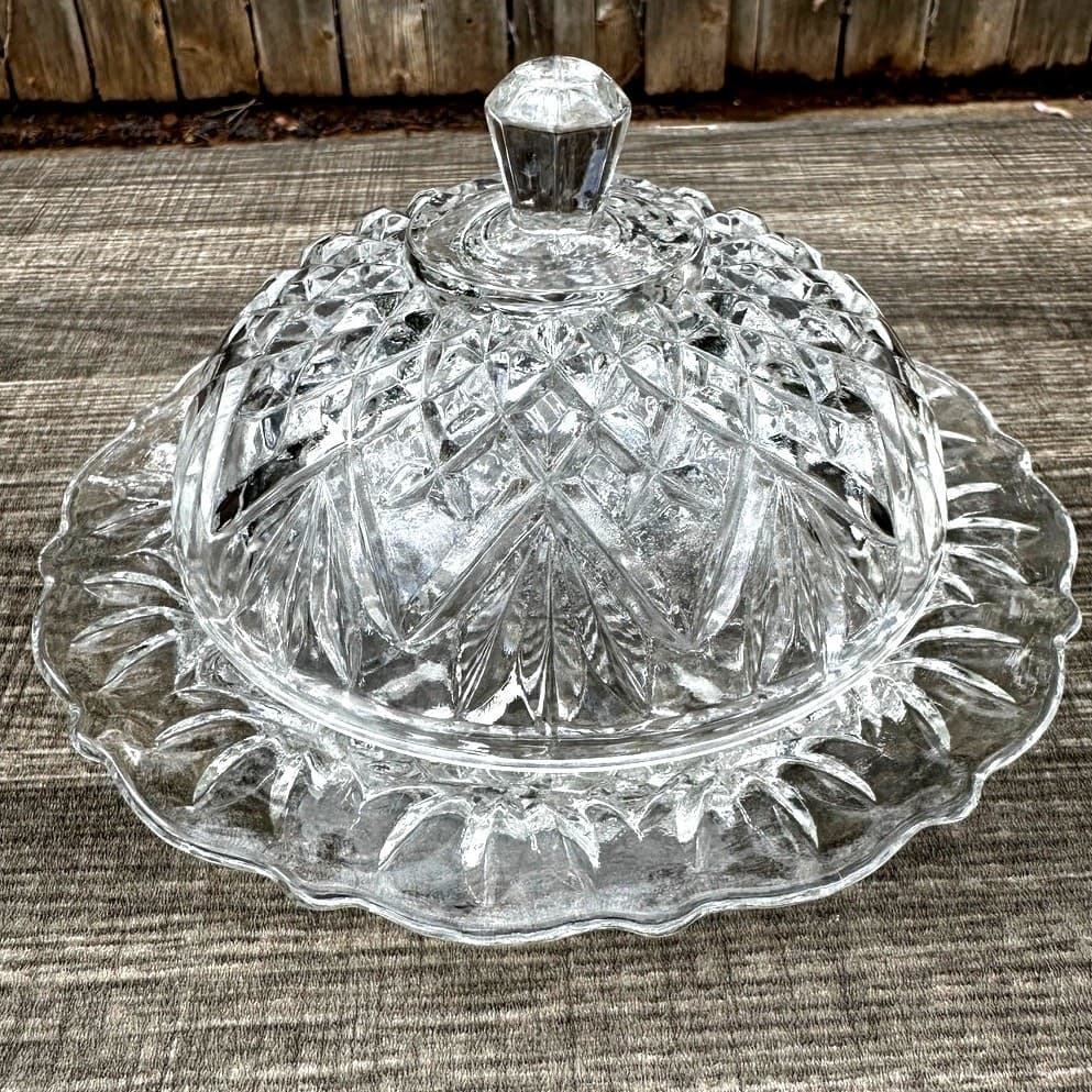 Anchor Hocking Retired 1960's Prescut Clear Pineapple Round Covered Butter Dish