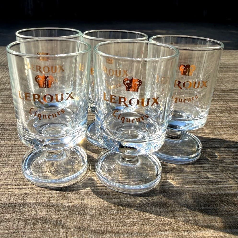 Leroux Vintage Stemmed 3" Gold Logo Liqueur/Cordial/Shot Glasses-Set of 5