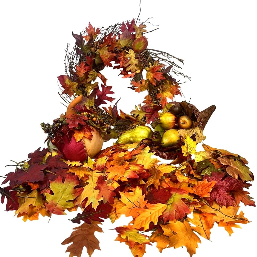 Fall Thanksgiving Autumn Home Decor Cornucopia, Pumpkin, Wreath & Fall Leaves