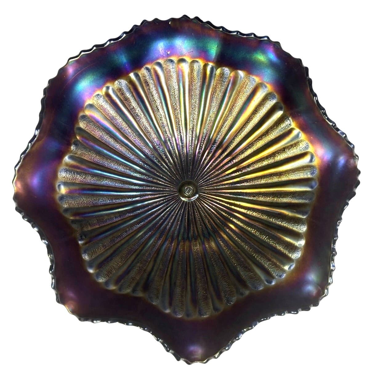 Northwood Glass 1900-20 Amethyst Carnival Glass 11" Ruffled Rim Iridescent Bowl
